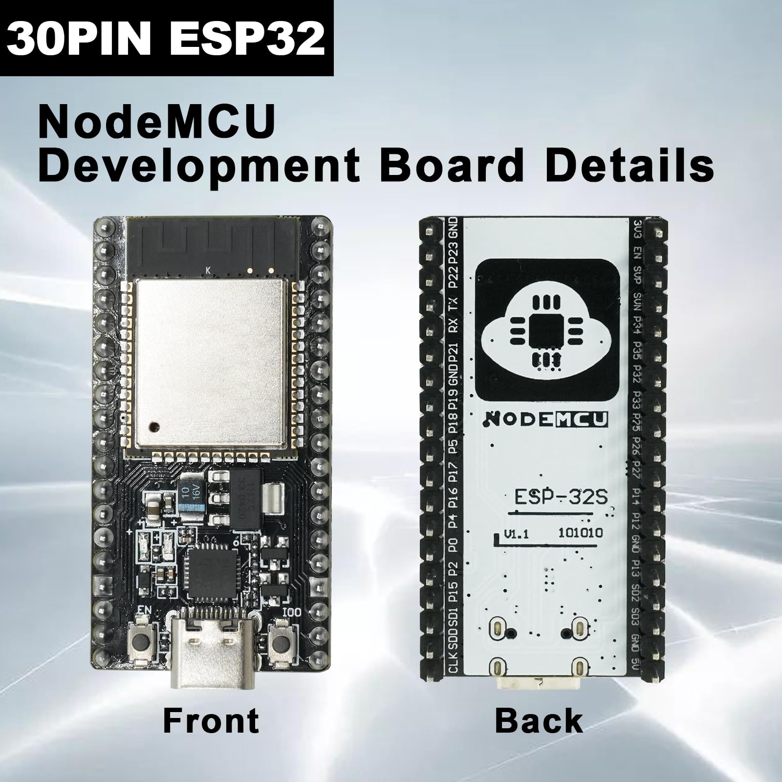 2PCS 30PIN Nodemcu ESP32 CH340 Schede di sviluppo, ESP 30 Pins ESP ESP WROOM 32D Modulo 2.4 GHz WIFI + Bluetooth Basso consumo Typ-C Interfaccia Compatibile con Arduino
