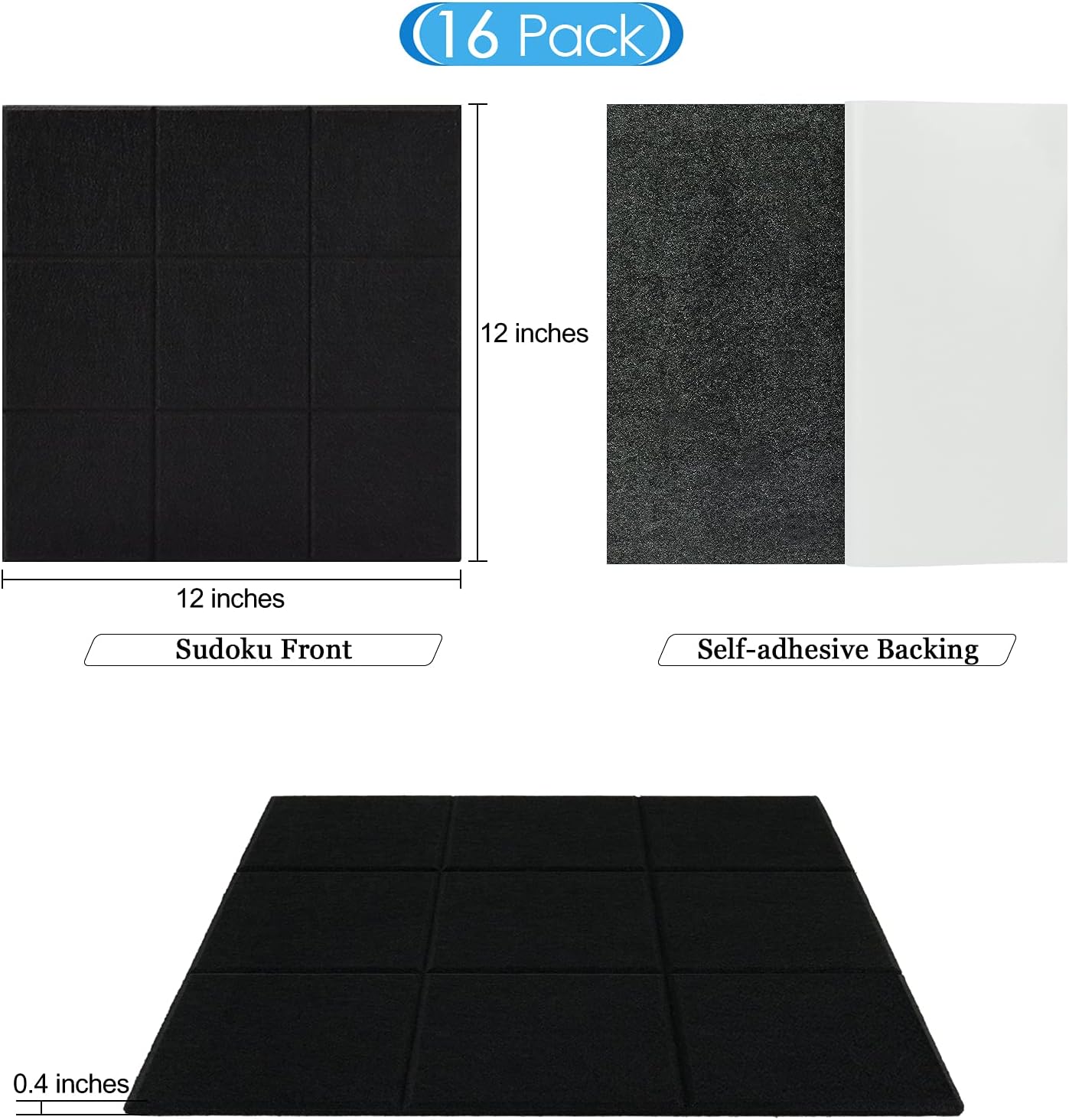 BXI Sound Absorber - 16 Pack Self-adhesive 12 X 12 X 0.4 Inches Acoustic Absorption Panels, Tackable Sound Absorbing Panels for Wall and Ceiling Acoustic Treatment