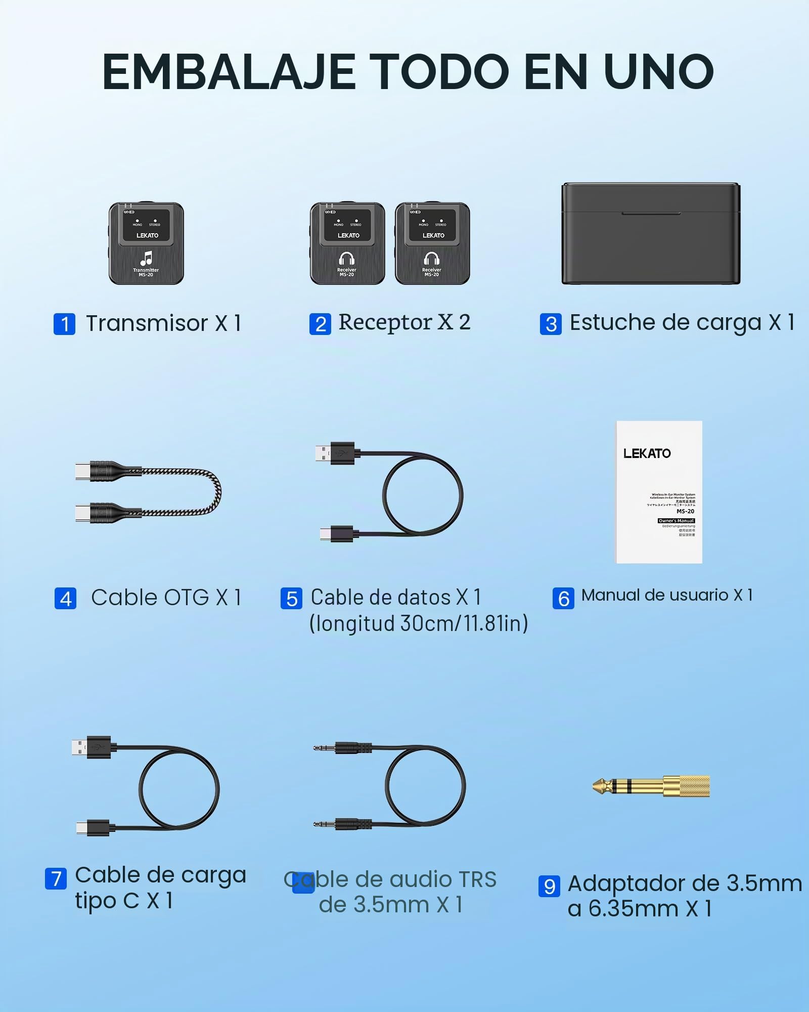 LEKATO Sistema inalámbrico IEM estéreo 2.4 G con transmisor-receptor de correa para estudio, ensayo de banda y concierto