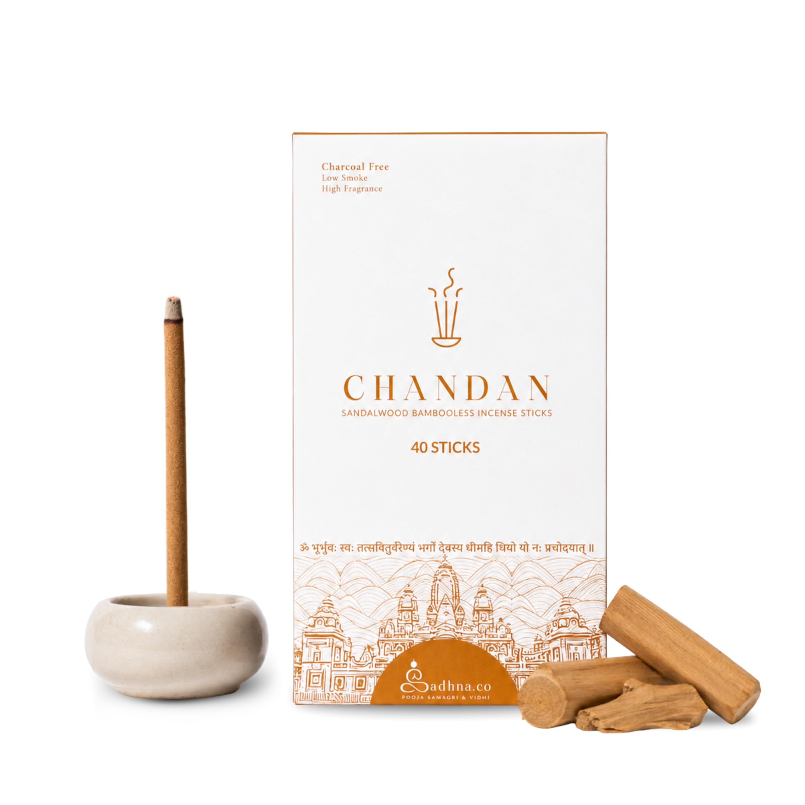 Sadhna.co Sandalwood (Chandan) Bambooless Incense Sticks for Home & Pooja (40 Sticks) | Natural Agarbatti | Chemical-Free Smokeless Dhoop Sticks for Meditation & Aarti | Chandan Stick