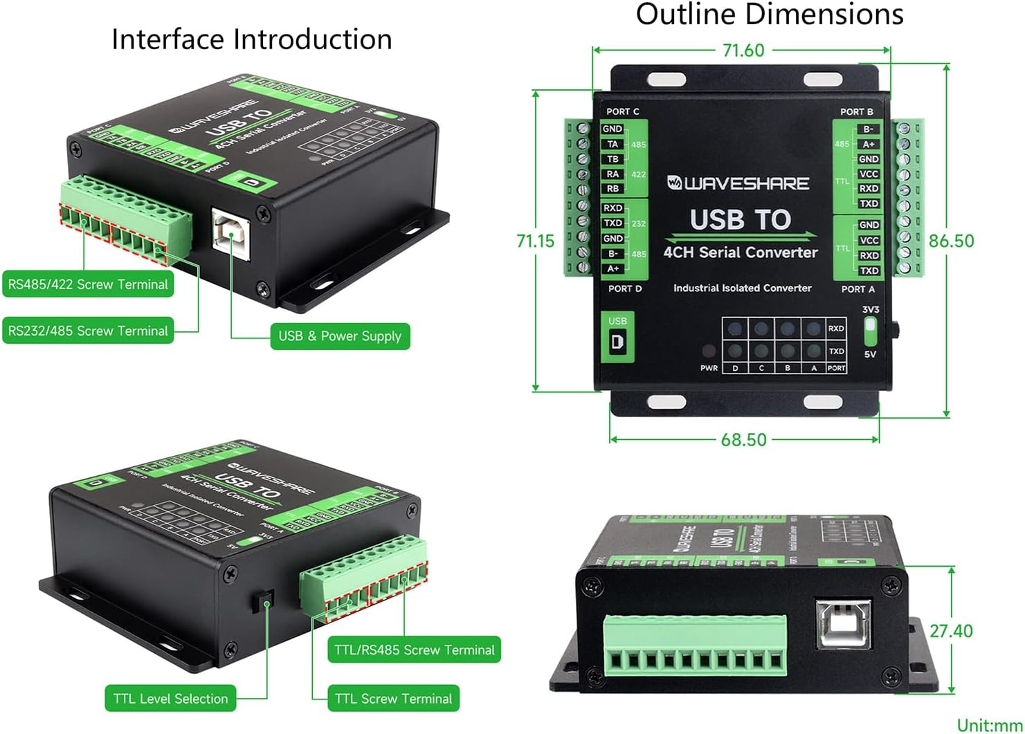waveshare Industrial USB to 4-CH, USB to RS232/485/422/TTL Serial Converter, Adopts FT4232HL Chip, Support Linux, Android, Windows 11/10 / 8.1/8 / 7, Safer Isolated Design