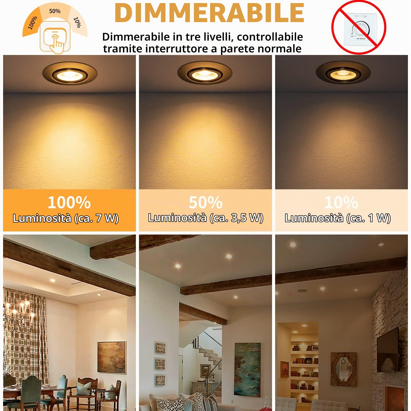 wowatt 7W Faretti LED da Incasso per Cartongesso Luce Caldo 2800K Set di 10 | Dimmerabili 3 Intensità 700LM Faretti da Incasso Orientabili, IP44 Impermeabile per Bagno Cucina, Diametro Foro 68mm - 75mm