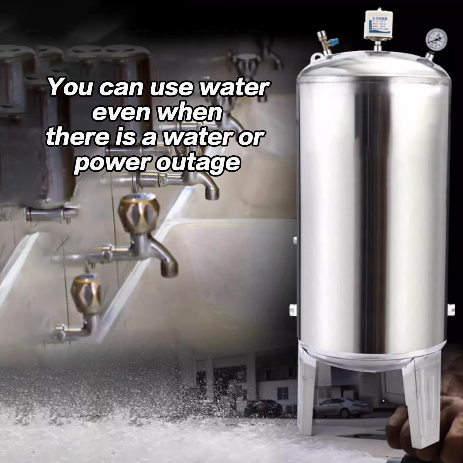 Depósito de presión de agua, acero inoxidable, gran capacidad, diseño horizontal para un almacenamiento y suministro eficientes de agua