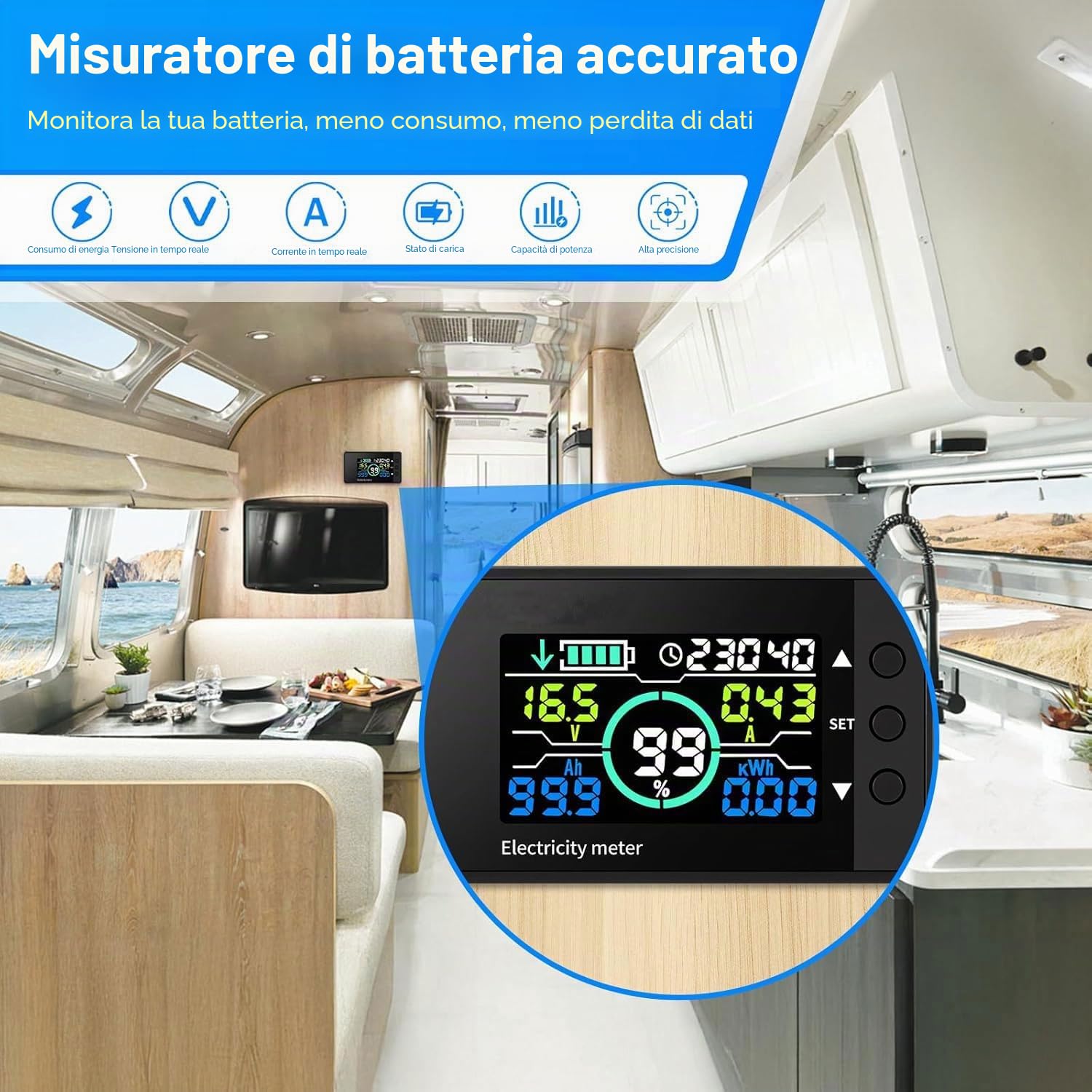 Monitor batteria da 500 A con shunt, multimetro da 7,5 a 100 V con ampio display LCD, tester per batterie con calibrazione e funzione di allarme, retroilluminazione