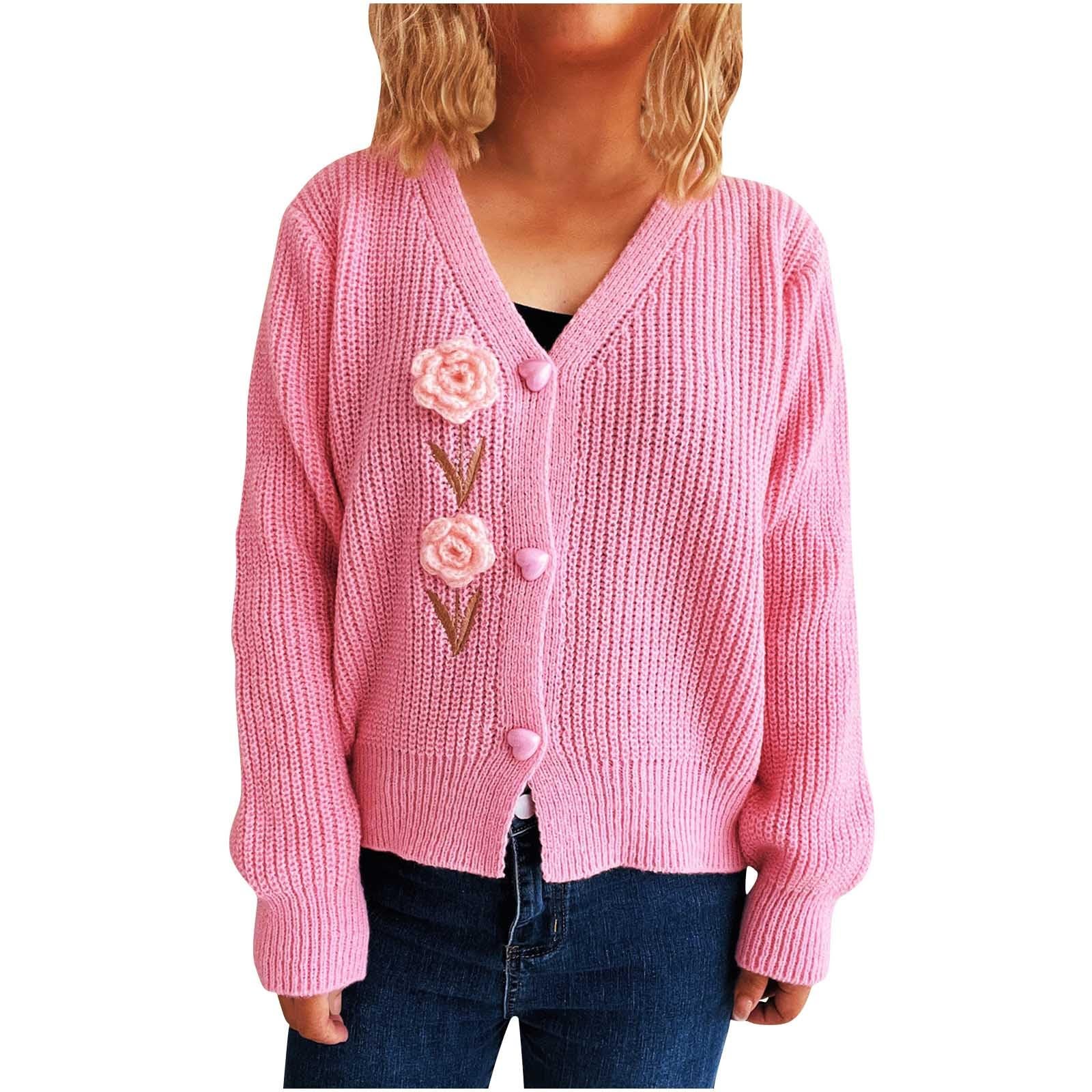 Womens Button Up Cardigan Sweaters 3D Flower Long Sleeve Crew Neck Fall Soft Lightweight Knit Loose Sweater Tops