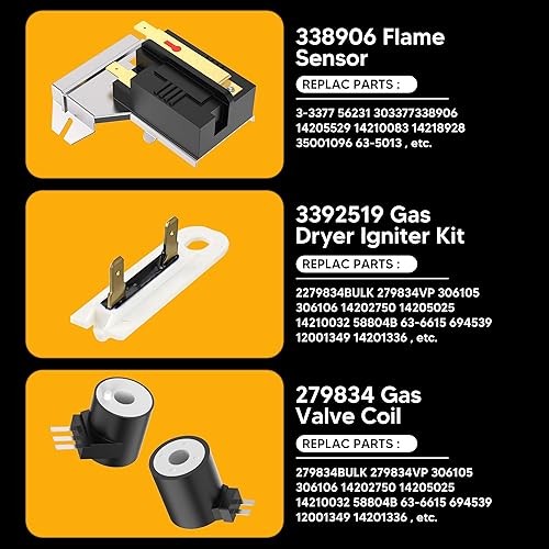 Miniatura 2 de Sensor de llama 338906 y solenoide de válvula de gas 279834 y pieza de repuesto de secador de fusibles térmicos 3392519 compatible con secadores