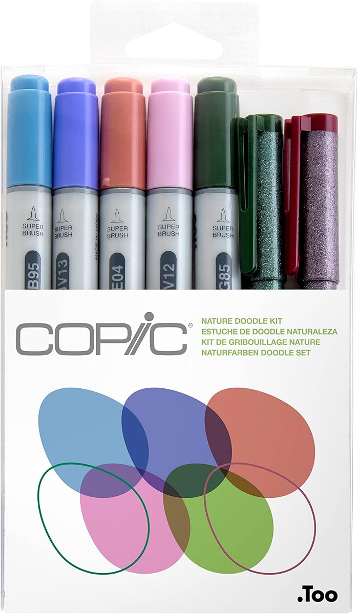 Ciao Alcohol Markers Nature Doodle Kit, 5 Markers + 2 Multiliners Set | Dual-Tip Art Marker Set for Artists, Blendable Ink for Coloring, Drawing & Illustration - Premium Artist Set