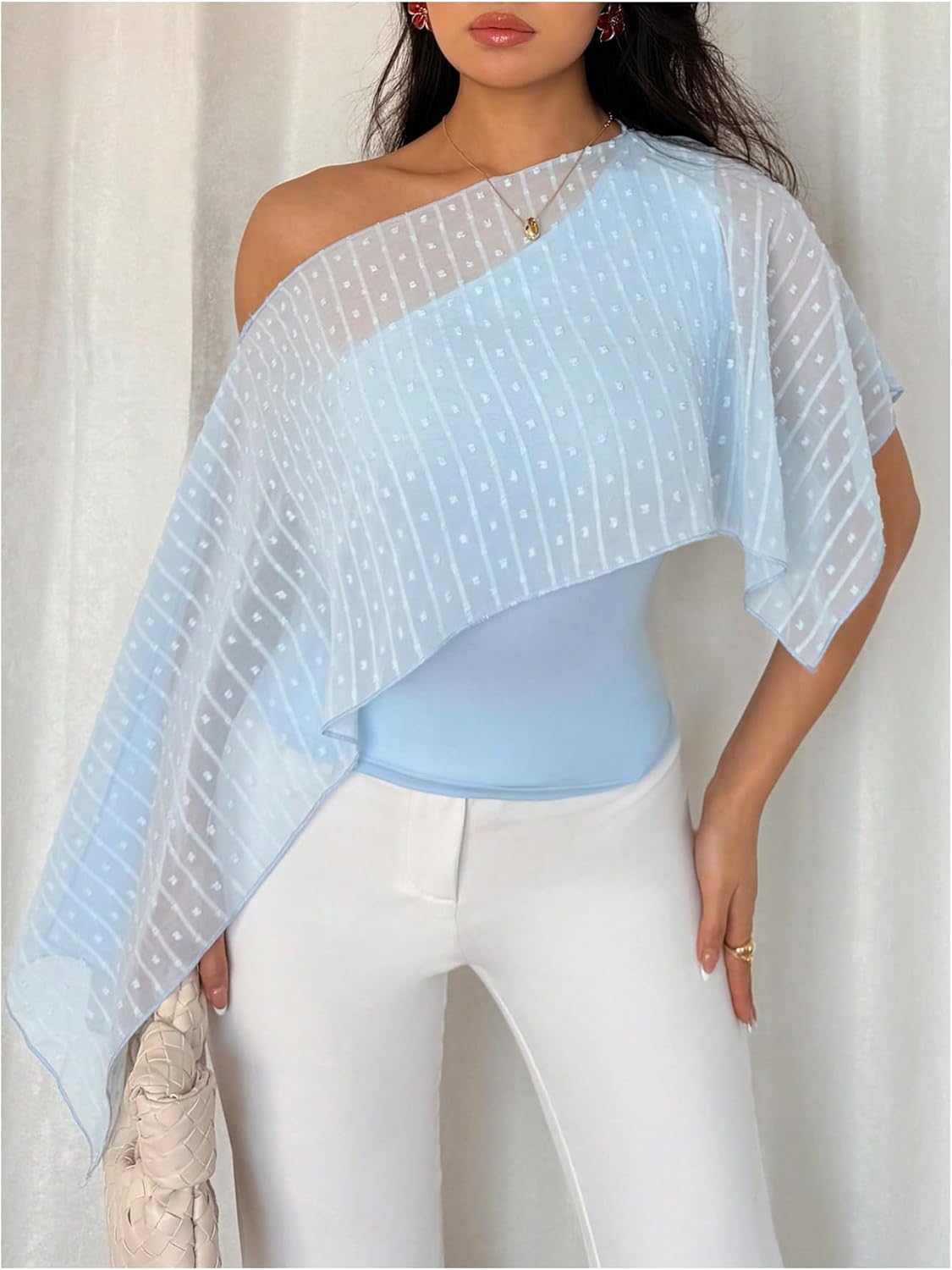 Verdusa Women's Asymmetrical Sheer Poncho Top Off The Shoulder Blouse Slim Fit Going Out Tops - Image 3