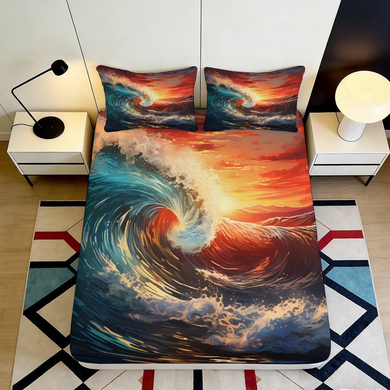 3D Printed Ocean Wave Fitted Sheet Microfiber Sunset Bed Cover for Bedroom Dorm Mattress Protection Decor 90x200x25cm