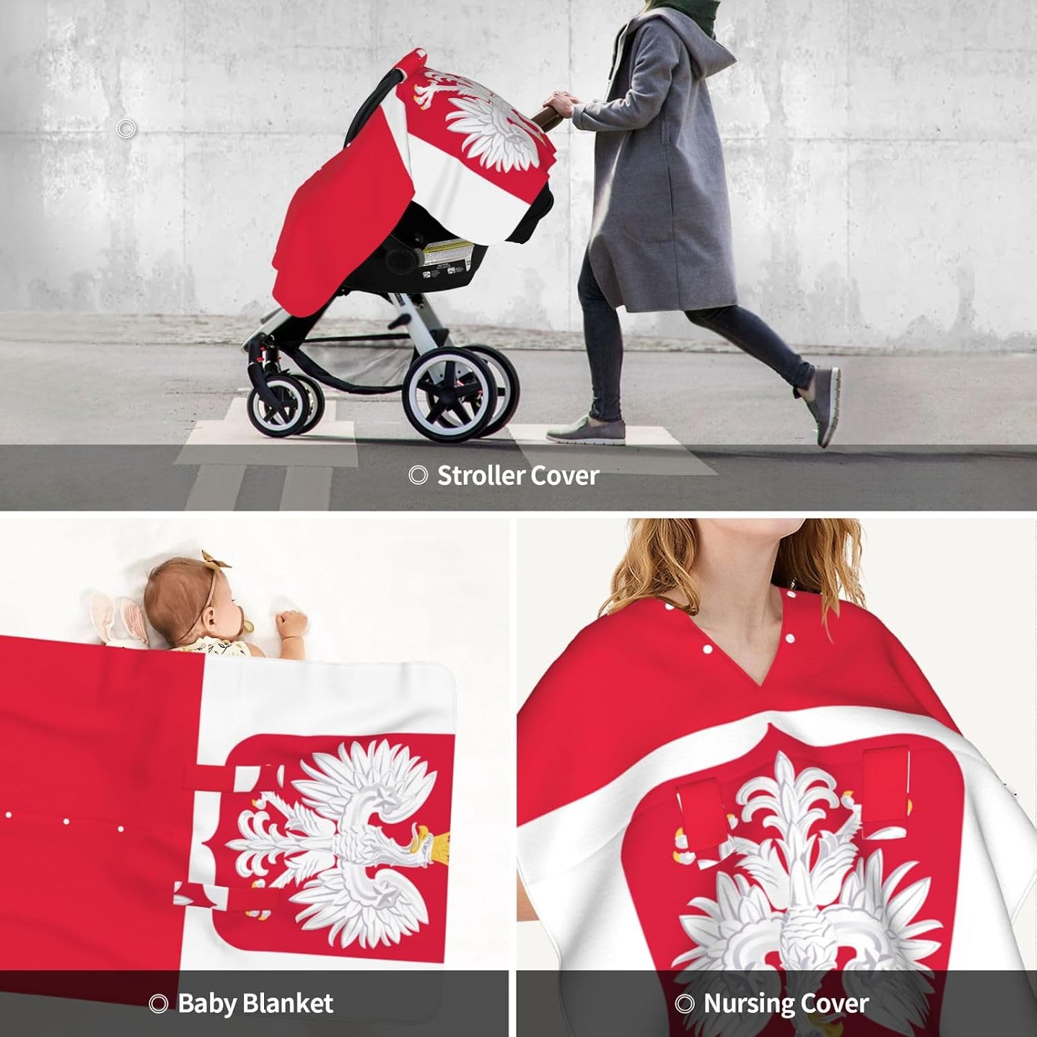 Polish Flag Eagle Pattern Baby Car Seat Cover & Breastfeeding Nursing Cover - Breathable Stretch Fabric Multi-Use Nursing Cover for Breastfeeding