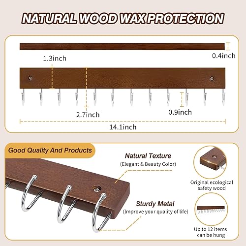 Miniatura 3 de Ganchos para llaves, ganchos para colgar en la pared con 12 ganchos, para entrada, baño, pasillo y cocina (color marrón, paquete de 2)