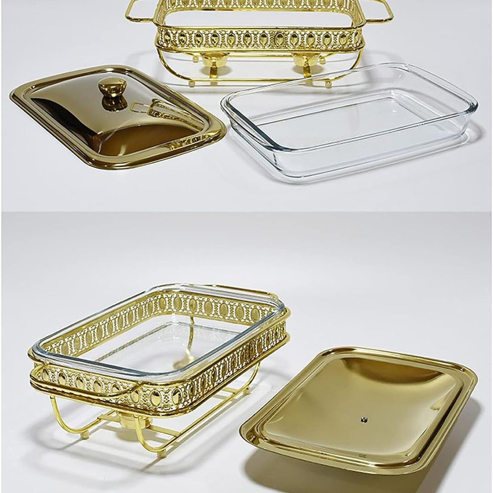 Juego de buffet de plato de frotamiento Chafin ovalado de acero inoxidable | Servidor más cálido con soporte for combustible, bandeja for calentar alimentos rectangulares(Silver,2L)