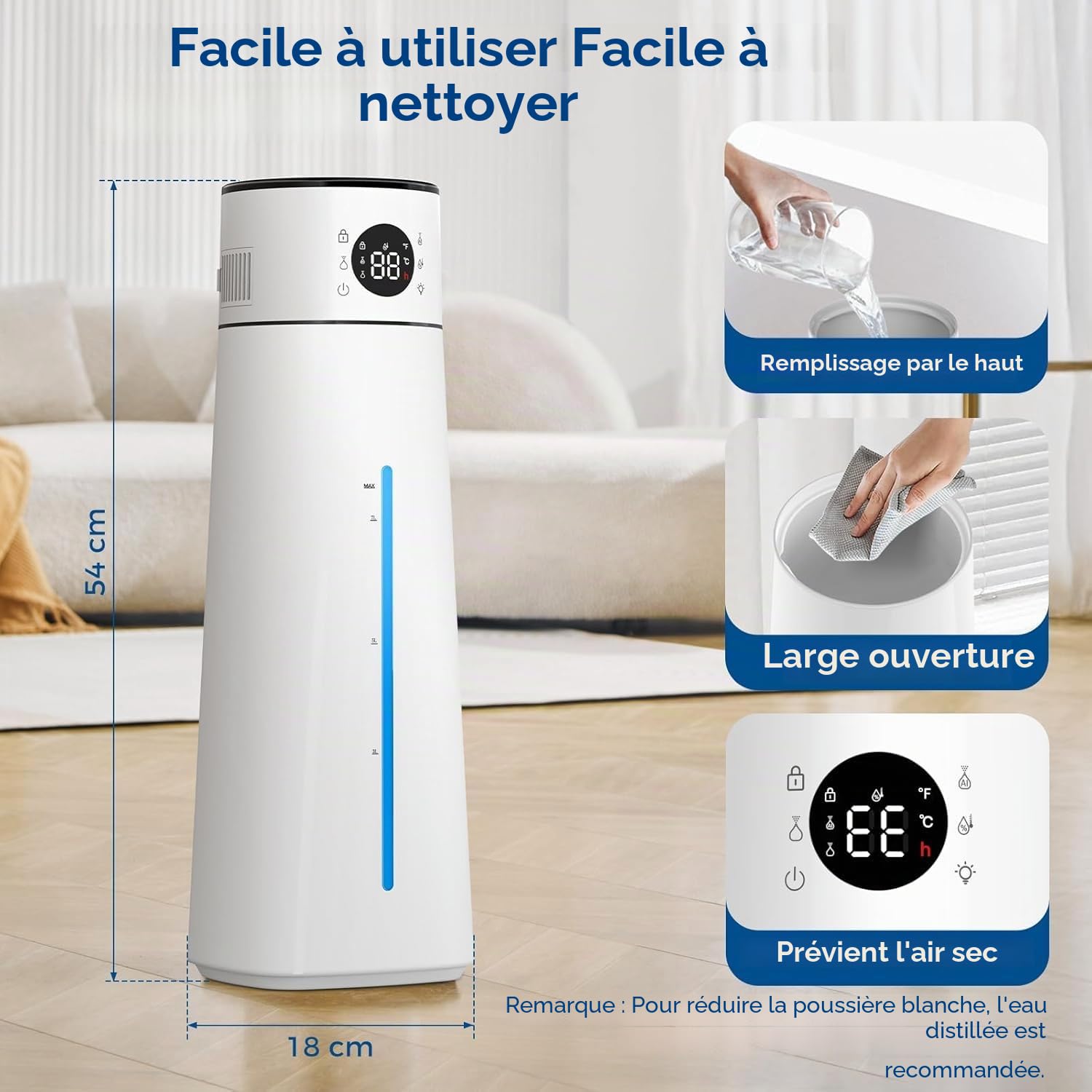 8L Humidificateur d'Air Chambre Top-Fill, 28 dB Ultra Silencieux/80H d'Autonomie/Minuterie 24 H, Veilleuse pour Bébés et Plantes, Large Humidificateur à Ultrasons 10 Niveaux de Brume pour Bureau