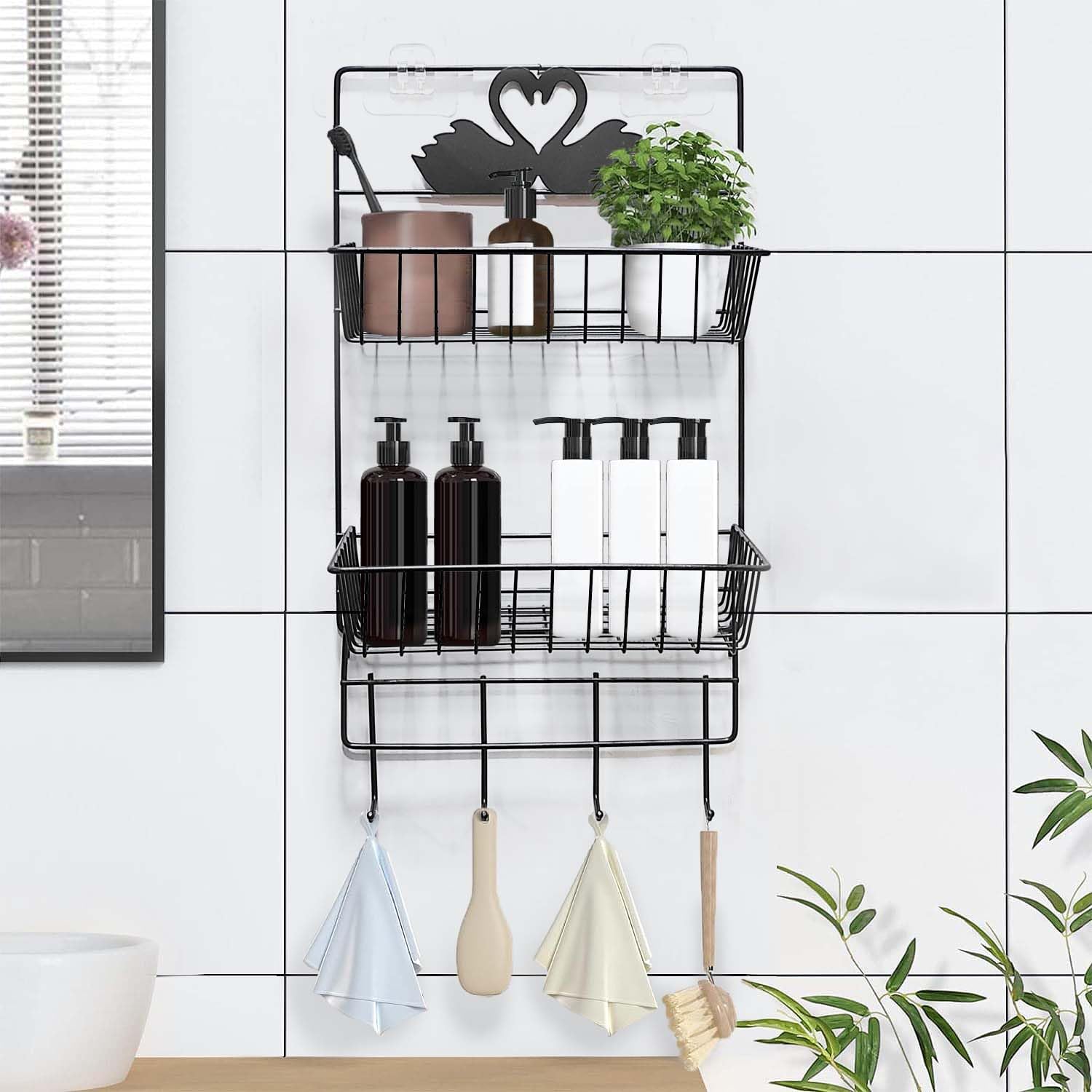 Lukzer 2 Layer Self-Adhesive Multipurpose Kitchen & Bathroom Shelf with 4 Hooks Towel Hanger Shower Caddy Accessories Holder Storage Organizer Wall Mounted Rack (Black/48 x 25 x 13 cm) (B0CL1T5VFQ) Amazon Price History, Amazon Price Tracker