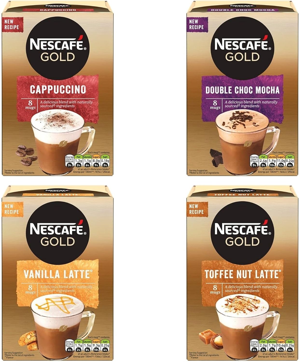 Nescafe Gold Cappuccino, Toffee Nut Latte, Double Choc Mocha and