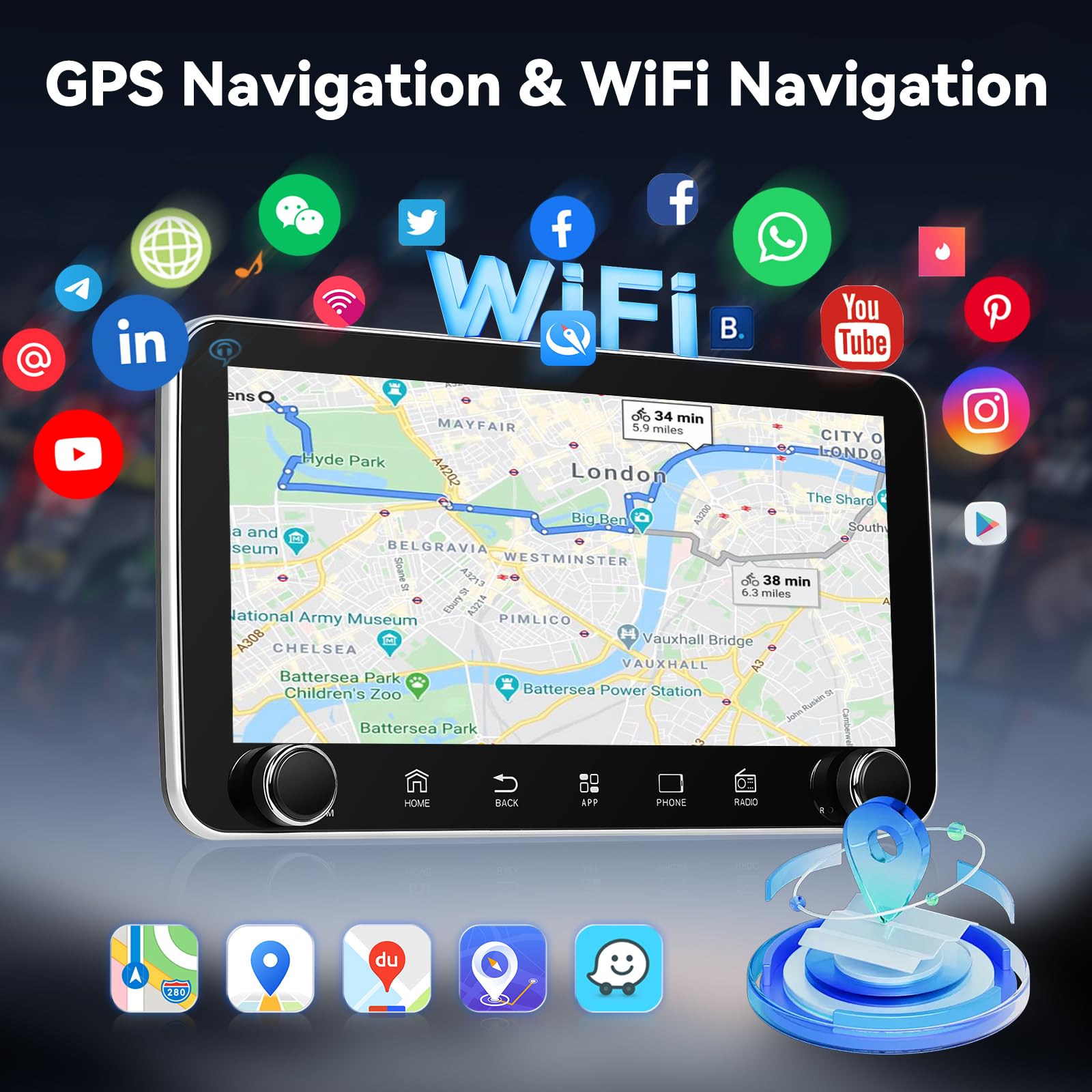 NHOPEEW 4 64G 2 Din autoradio met Android 15-systeem - 7 inch draadloze Carplay en Android Auto-radio met ondersteuning voor wifi, gps-navigatie, Mirror Link, stuurwielbediening achteruitrijcamera