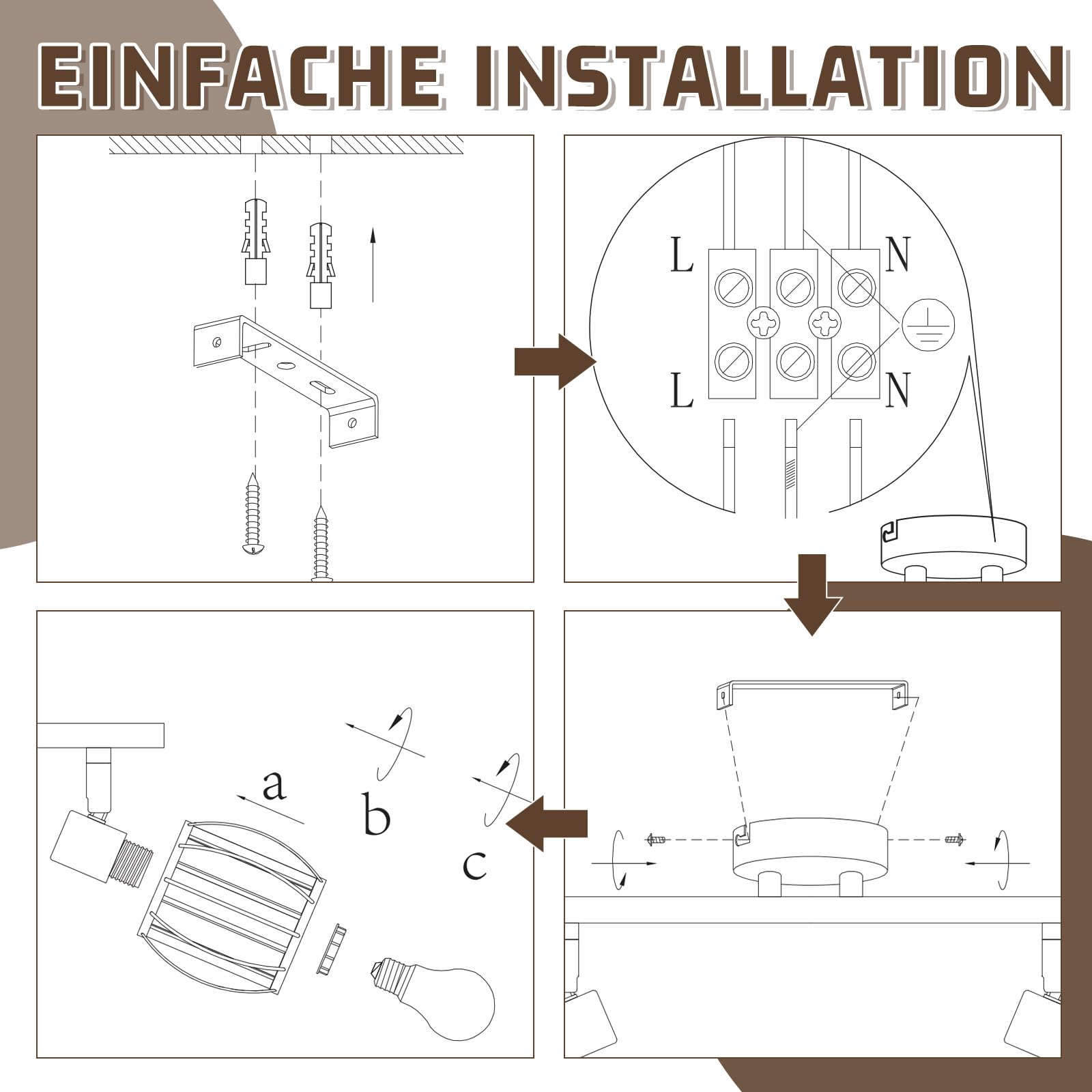 ZMH Deckenstrahler 6 Flammig Vintage Kristall Schwarz E14 Wohnzimmerlampe | Deckenleuchte Retro Design Strahler 350 Grad Schwenkbar Spotleuchte Innen Schlafzimmer Küche Flur