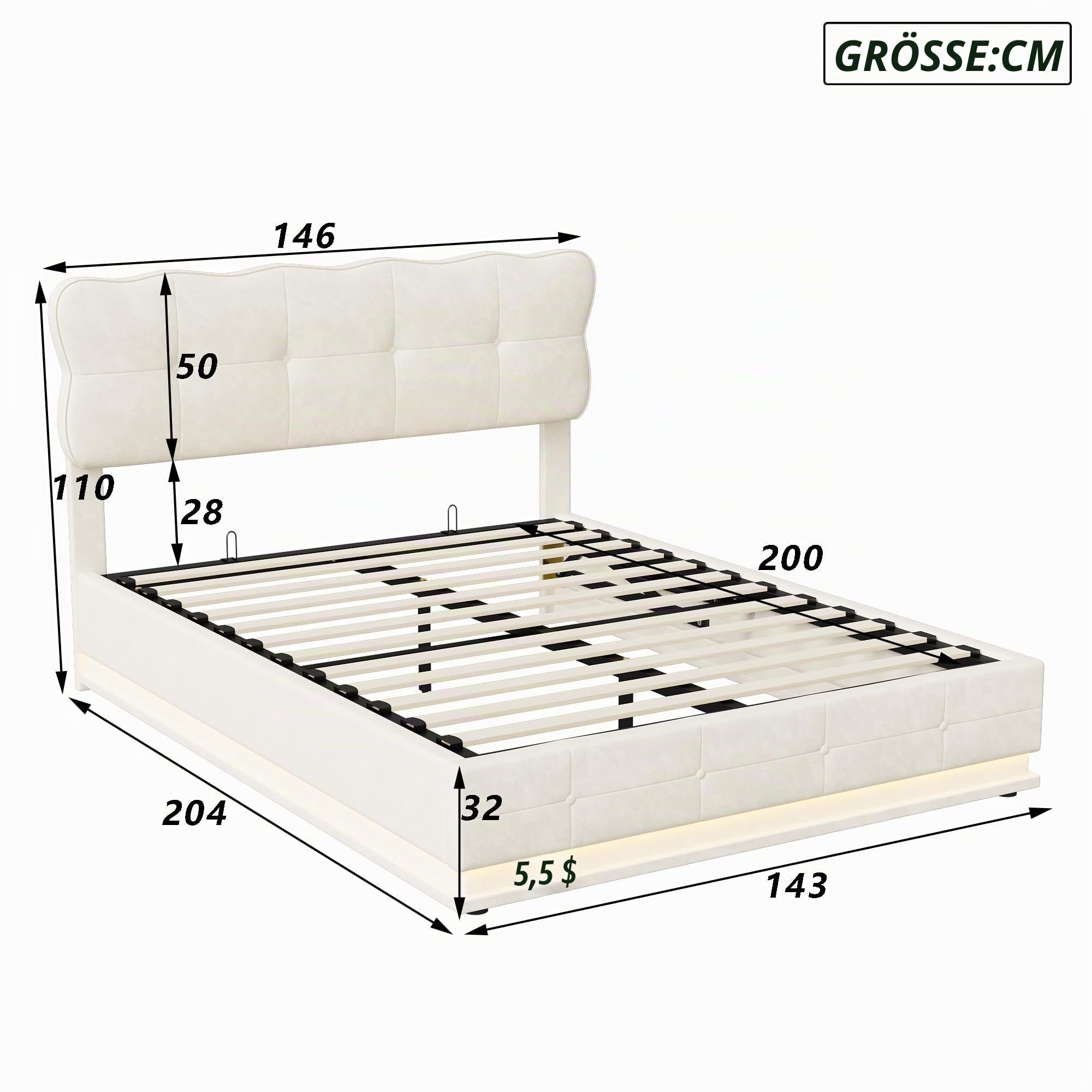 Polsterbett 140x200 cm, LED Bett mit Stauraum & Lattenrost, Doppelbett mit Gepolstertem Kopfteil, Seniorenbett Jugendbett Mädchen Bett, Hydraulisch Stauraumbett, Samt(Beige, 140X200 cm)