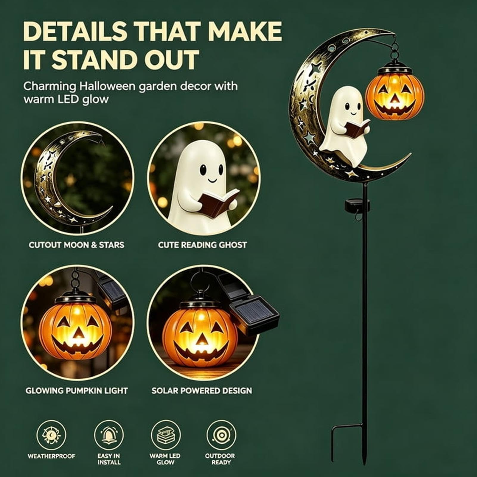 Halloween Lampy Solarne Na Palik Zewnętrzne Wodoodporny Palik Z Duchem | Dyniowe dekoracje świetlne ogrodowe Do Ogrodu Patio Chodnika Trawnika Dziedzińca Ścieżek Oczka Wodnego