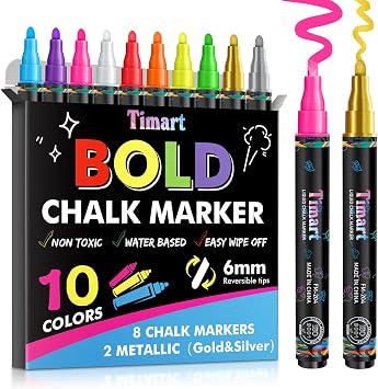 Timart 10 Pack Liquid Chalk Markers, 6mm Reversible Tips | Dry & wet erase chalkboard markers, Washable window paint markers for car, Non-toxic chalk pens for Blackboard Mirrors