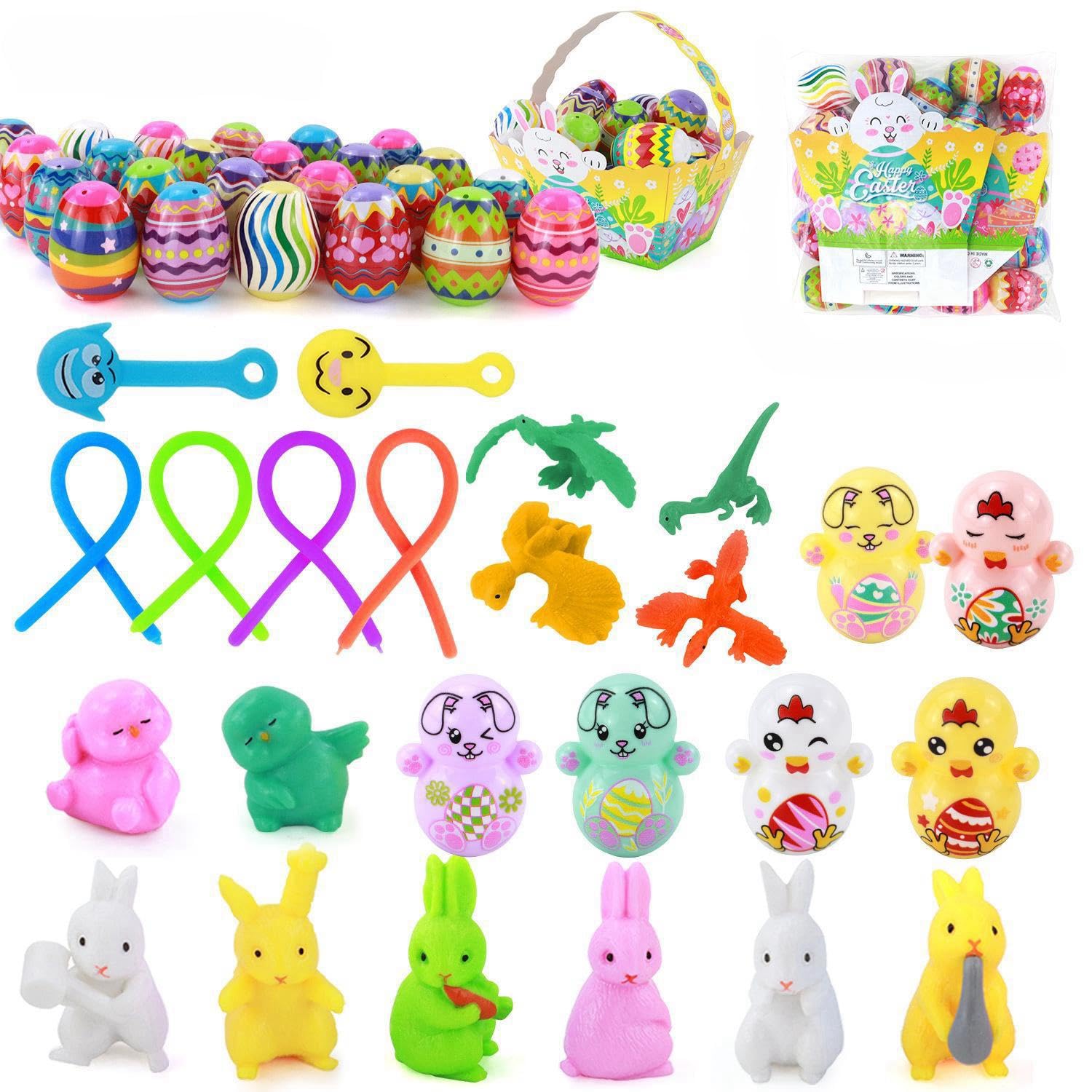 Pack of 24 Pre-Filled Easter Eggs with Toy, Plastic, Colourful Surprise Easter Eggs for Children, Easter Egg Hunt, Basket Filler