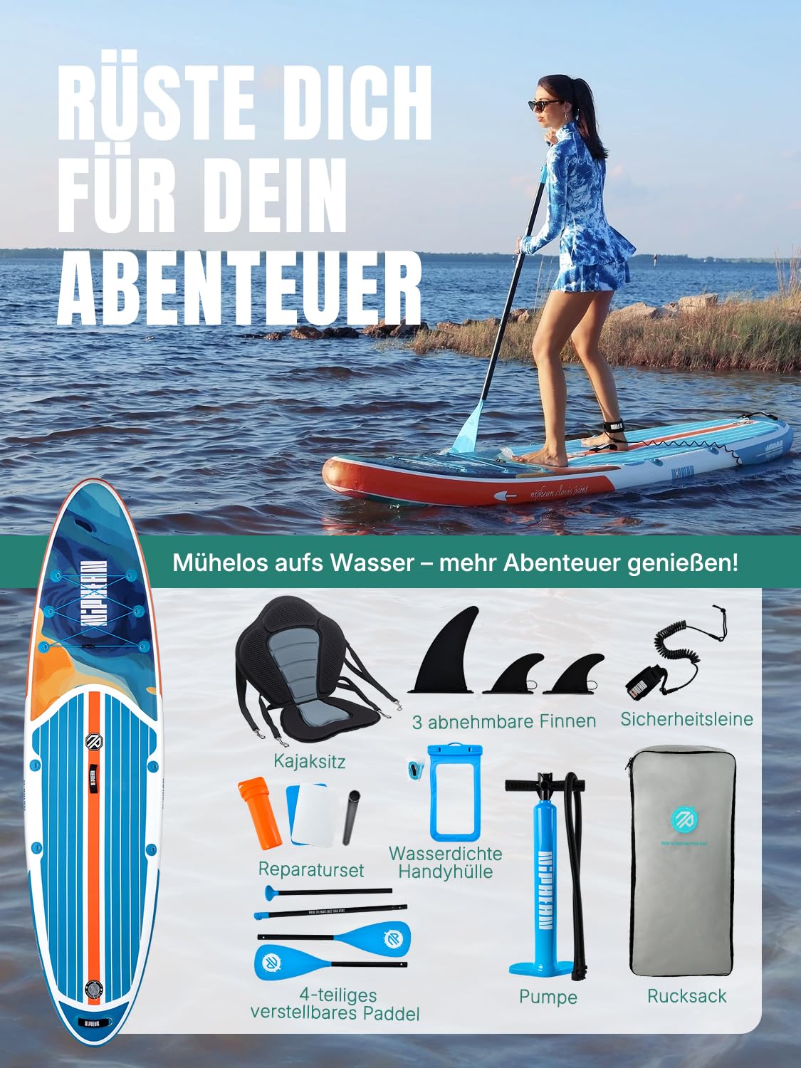 Niphean Stand up Paddling Board mit Sitz und Allem Zubehör, 320cm Paddleboard für Aller Fähigkeitsniveaus, SUP Board 200kg Tragkraft für 2 Personen, Standup Paddle Board for Adults