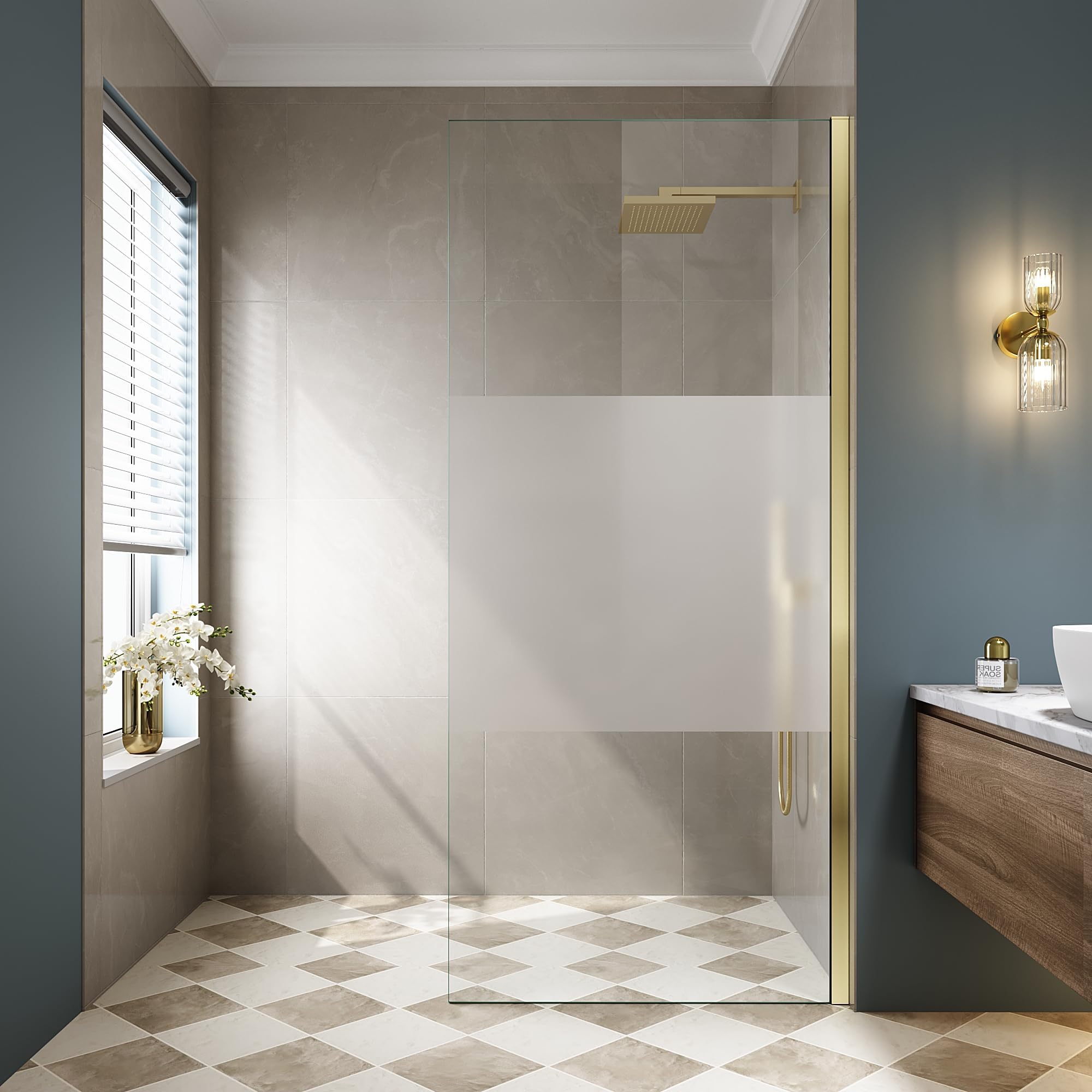 Fixed Shower Glass Panel 34" W x 74" H,Frameless Frosted Shower Panel for Walk in Shower with 5/16"(8mm) Tempered Glass,Easy Clean, Single Glass Panel with Hardware for Bathroom Upgrade