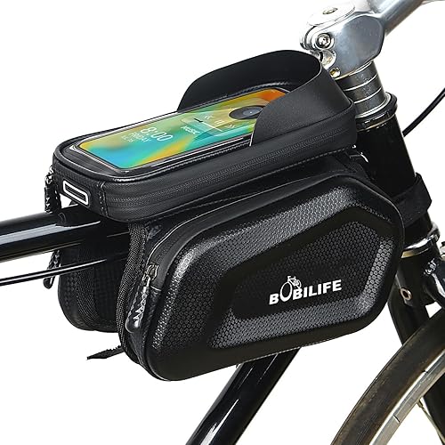 Bolsa de tubo para marco de bicicleta con soporte táctil para teléfono, bolsa frontal impermeable de dos lados para manillar gemelos con bolsa de