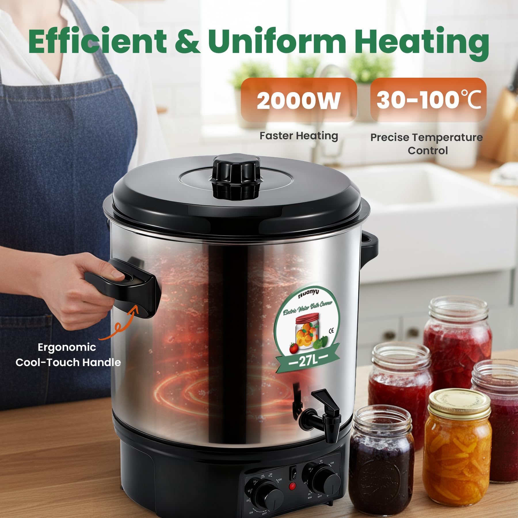 Huanyu 27L Elektrisches Wasserbad-Einmachgerät Temperatur- und zeitverstellbare Einmachmaschine mit Einmachwerkzeugen Perfekt zum Konservieren, Herstellen von Marmeladen, Soßen und Suppen