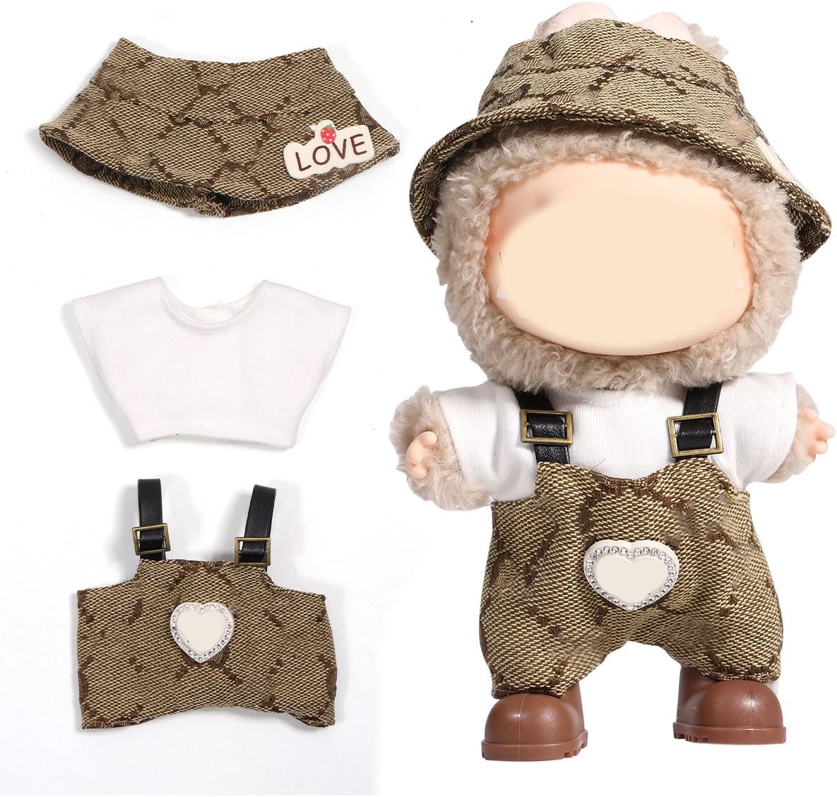 AICase for 17cm Doll Clothes/Outfit,Clothing Set for 17cm Doll,3 Piece Set Hat Clothing,Boys and Girls Stylish Adorable Clothes Accessories-Brown Denim Suit(hat+Overalls)
