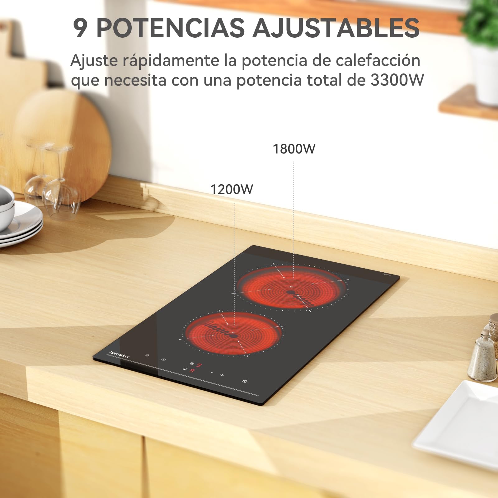 Hermitlux placa vitrocerámica 2 fuegos 28,8cm, 9 niveles de potencia, control táctil, temporizador, seguro para niños, apta para todo tipo de sartenes, 3300W — view 3