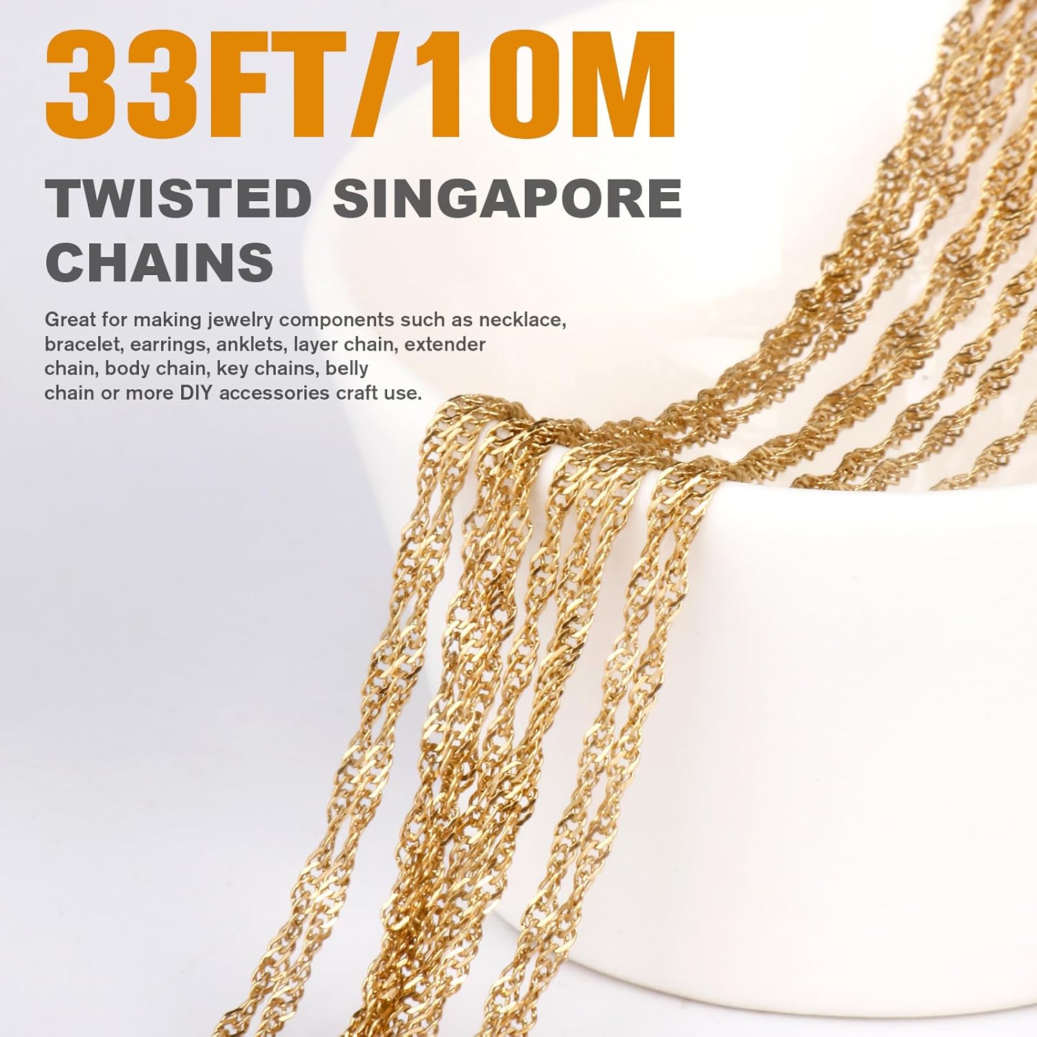 33 Feet 18K Gold PVD Plated Singapore Chains Roll, 1.7mm Width 304 Stainless Steel Gold Twisted Link Chain Bulk Spool for Jewelry Making DIY Craft - Image 2