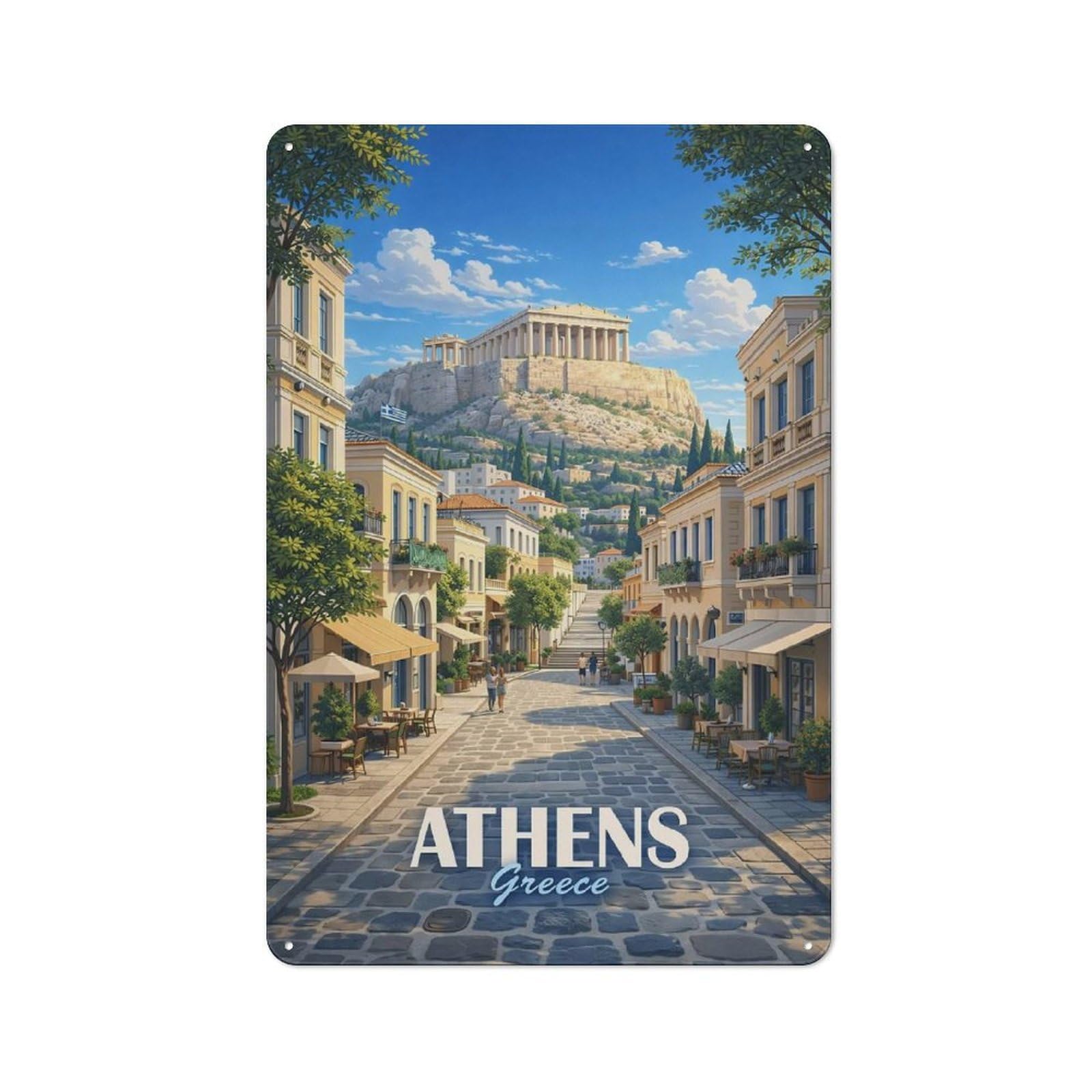 Junmoney Style-18 Tin Wall Plaque 30X20cm With Athens Greece Acropolis Street View For Home Office Or Studio, For Garage, Workshop And Man Cave Decoration