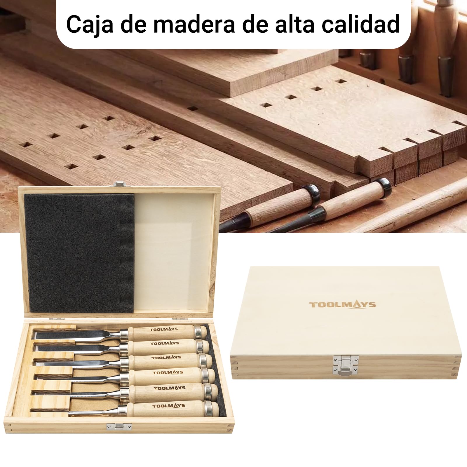 Juego de 6 Cinceles para Madera, Formones para Madera con piedra de afilar, dureza hasta HRC 63