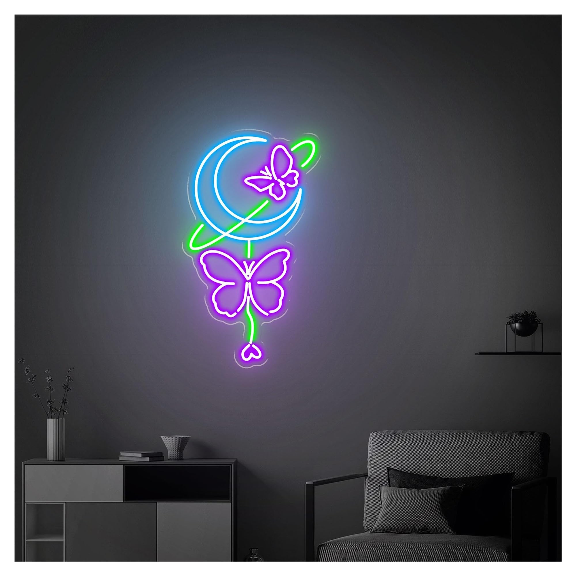 RONGCH Hanging Art Signs Butterfly and Moon Neon Sign,Suitable for Home Bar Wall Decor with Dimmable 29cmx50cm(A)