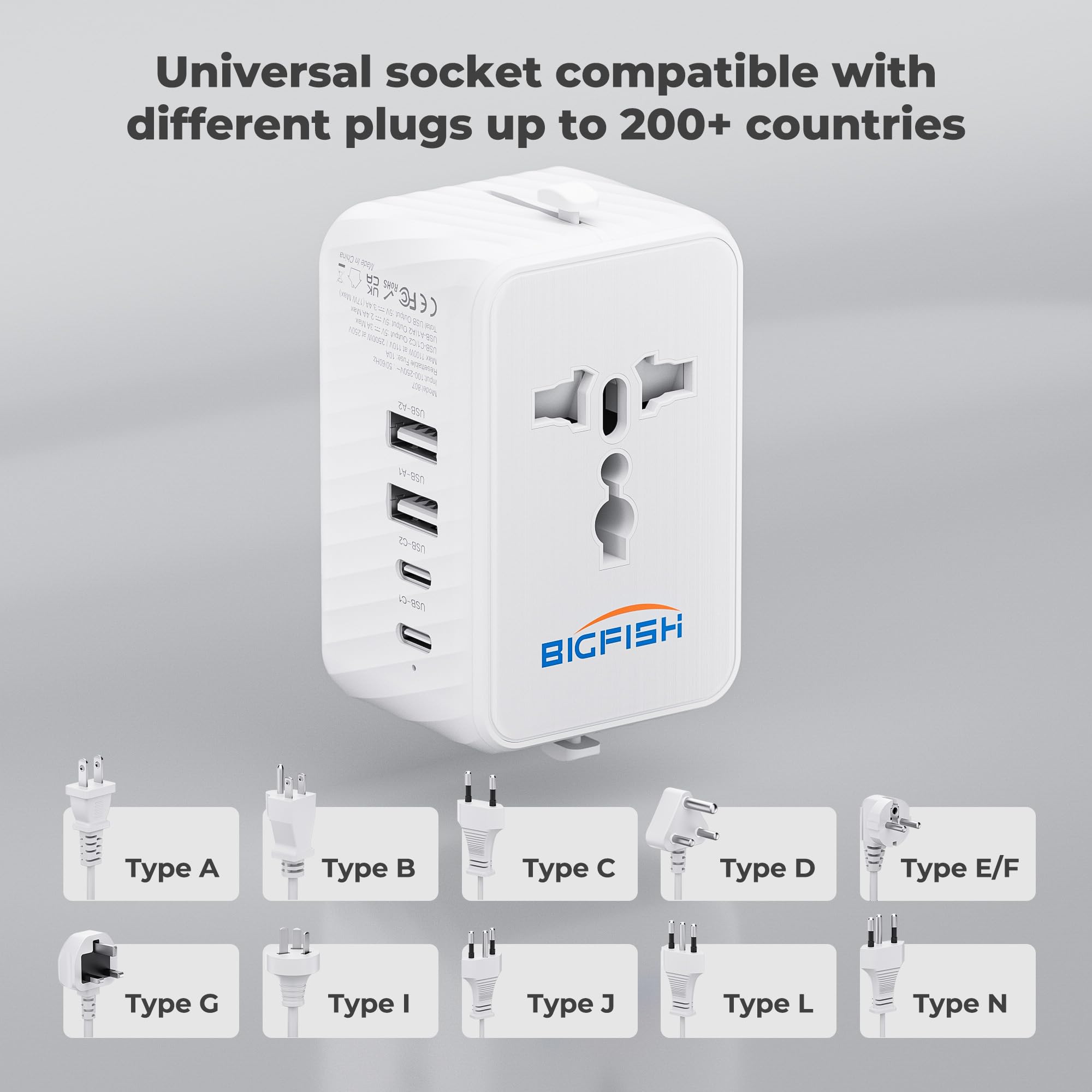 Adaptador De Enchufe Universal EYMUOBC - Con 2 USB-C, 2 USB-A Y Enchufe AC, Para Viajes Internacionales