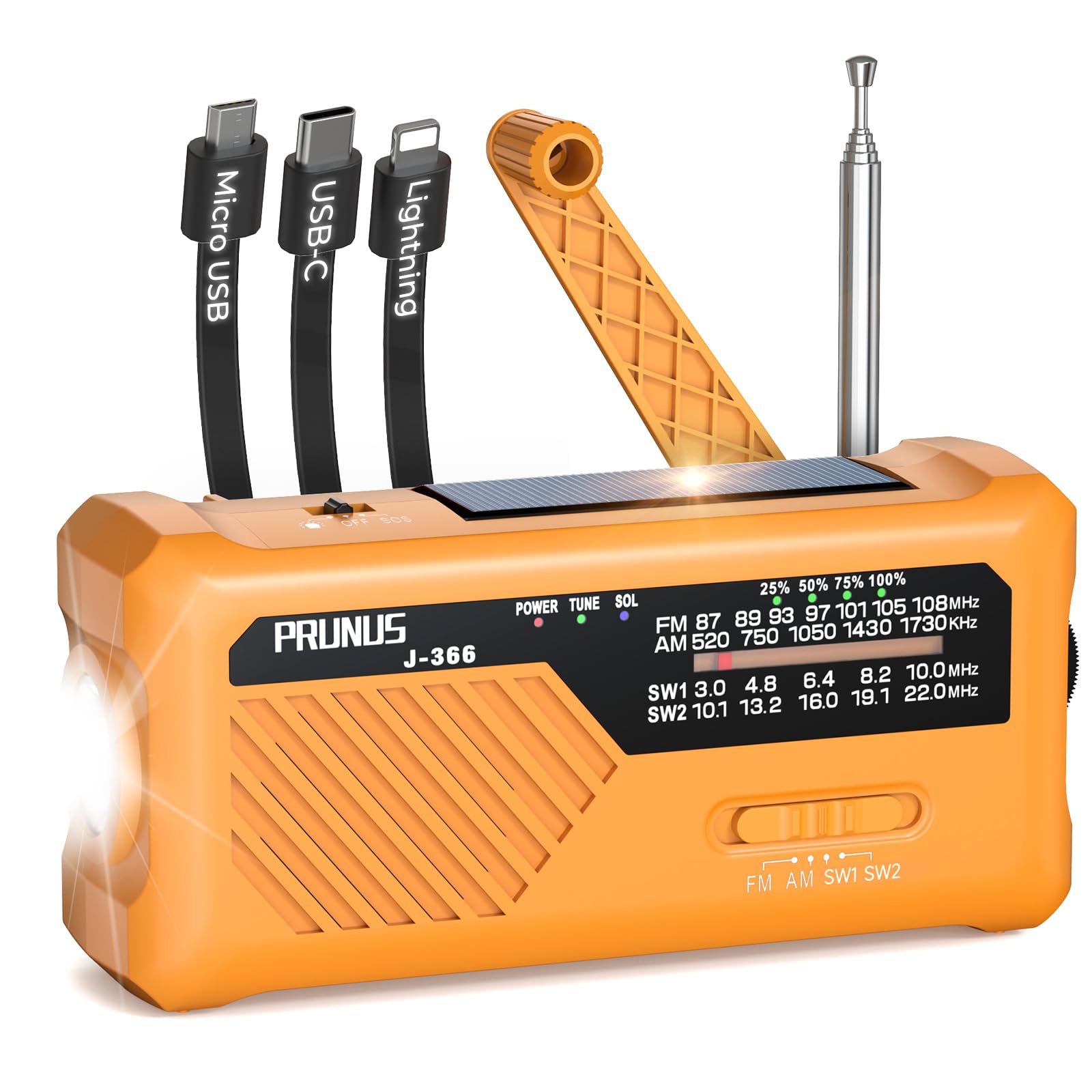 PRUNUS J-366 Radio Portable d'Urgence à Manivelle avec Batterie Rechargeable 2000mAh, Alarme SOS, Lampe de Poche, USB-C, Solaire