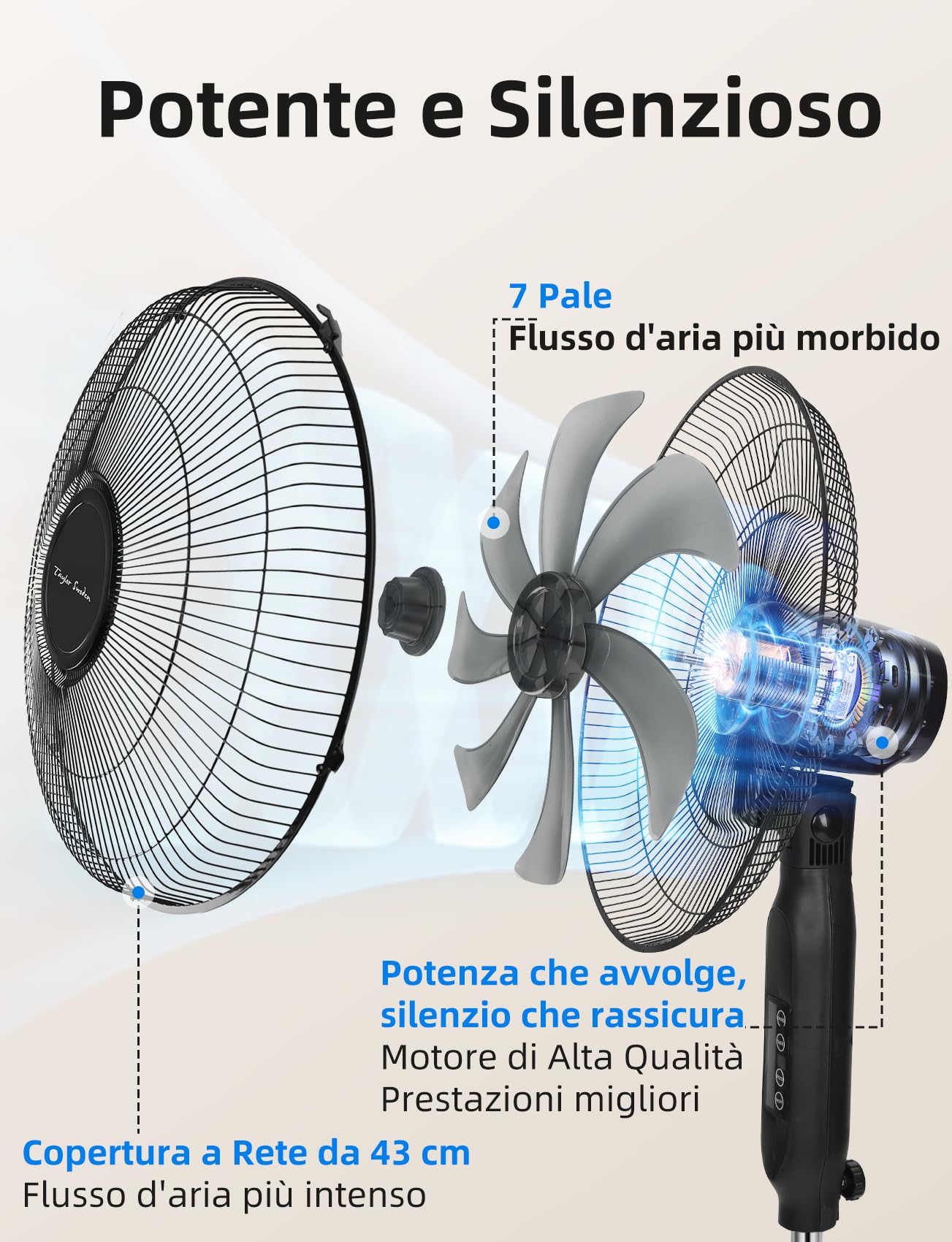 Taylor Swoden Ventilatore a Piantana con Telecomando, Potente Silenzioso, 7 Pale, Timer 9H, 3 Velocità & 3 Modalità (Normale/Naturale/Sleep), Oscillazione 70°, Altezza Regolabile, 50W, Nero