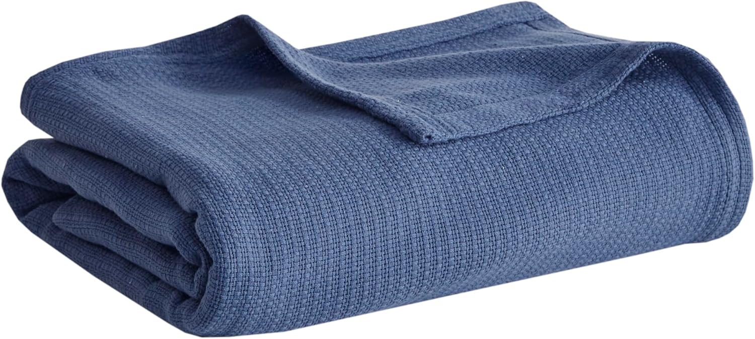 Madison Park Freshspun Basketweave Luxury Cotton Blanket Navy 66x90" Twin Size Basketweave Premium Soft Cozy 100% Cotton For Bed, Couch or Sofa