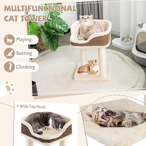 Miniatura 2 de Tangkula Árbol pequeño para gatos de interior, moderna torre para gatos alfombrada con percha de felpa suave, cama para gatos con postes rascadores