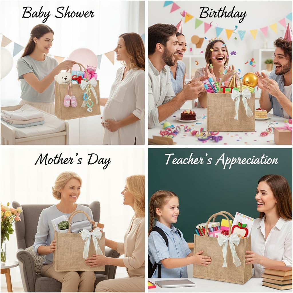 10pcs Burlap Tote Bags Set with Handles, Large Jute Tote Waterproof Reusable Blank Grocery Bags with Ribbon 15*6*12 Inch for Bridesmaid Gift, Beach, Travel, Wedding Party Favors, DIY, Shopping