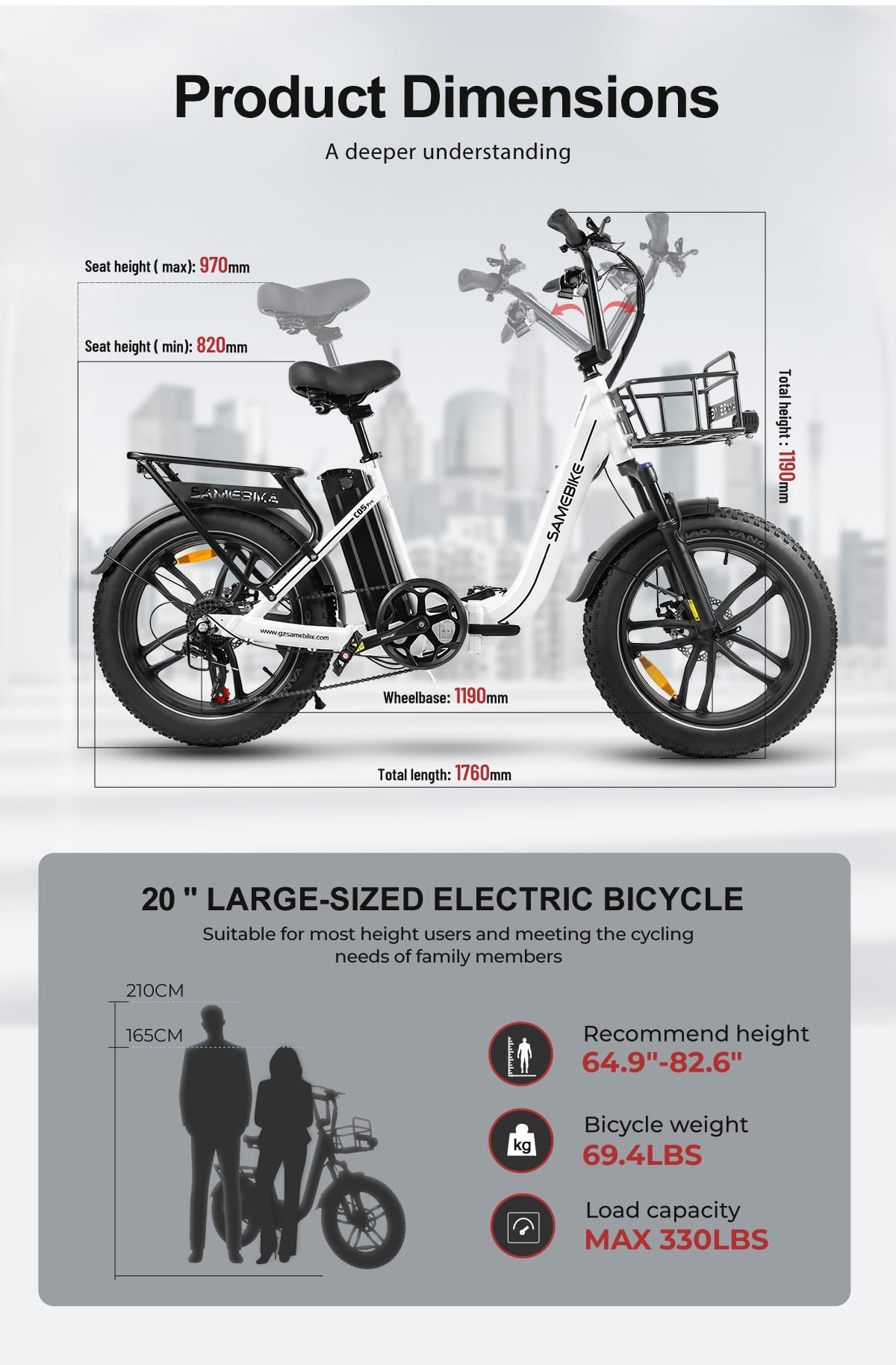 SAMEBIKE C05 Pro Bicicleta Electrica para Adultos, 20 * 4.0 Fat Tire E-Bike Bateria 36V13Ah 7-Velocidades Alcance máximo 60-120KM para Desplazamientos y Excursiones (Blanco)