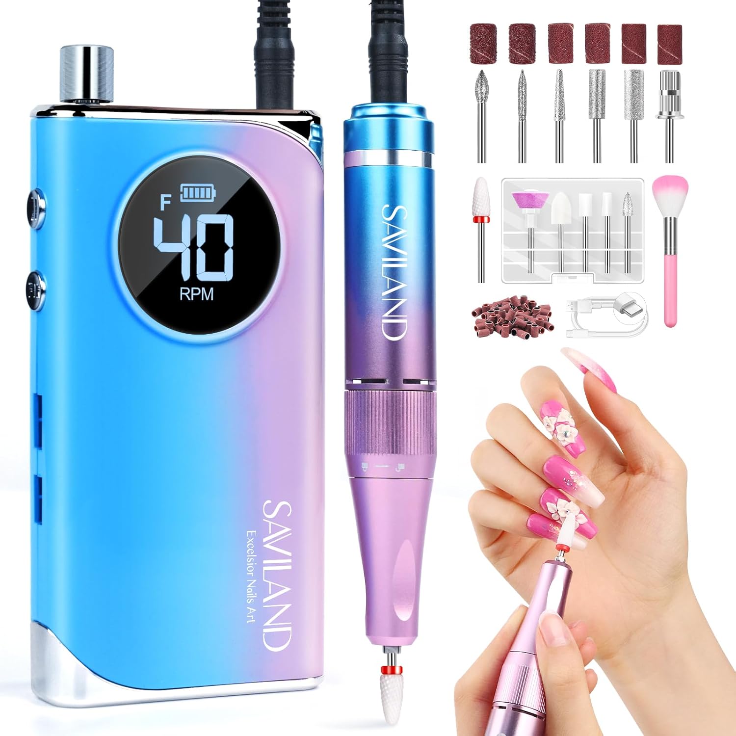 SAVILAND Nail Drill 40000RPM, Rechargeable Professional Nail Drill Machine with Nail Kit 12 Drill Bits 56 Sanding Bands, Portable Electric Nail File for Nail Supplies Manicure Pedicure Salon Home SAVILAND Nail Drill 40000RPM, Rechargeable Professional Nail Drill Machine with Nail Kit 12 Drill Bits 56 Sanding Bands, Portable Electric Nail File for Nail Supplies Manicure Pedicure Salon Home