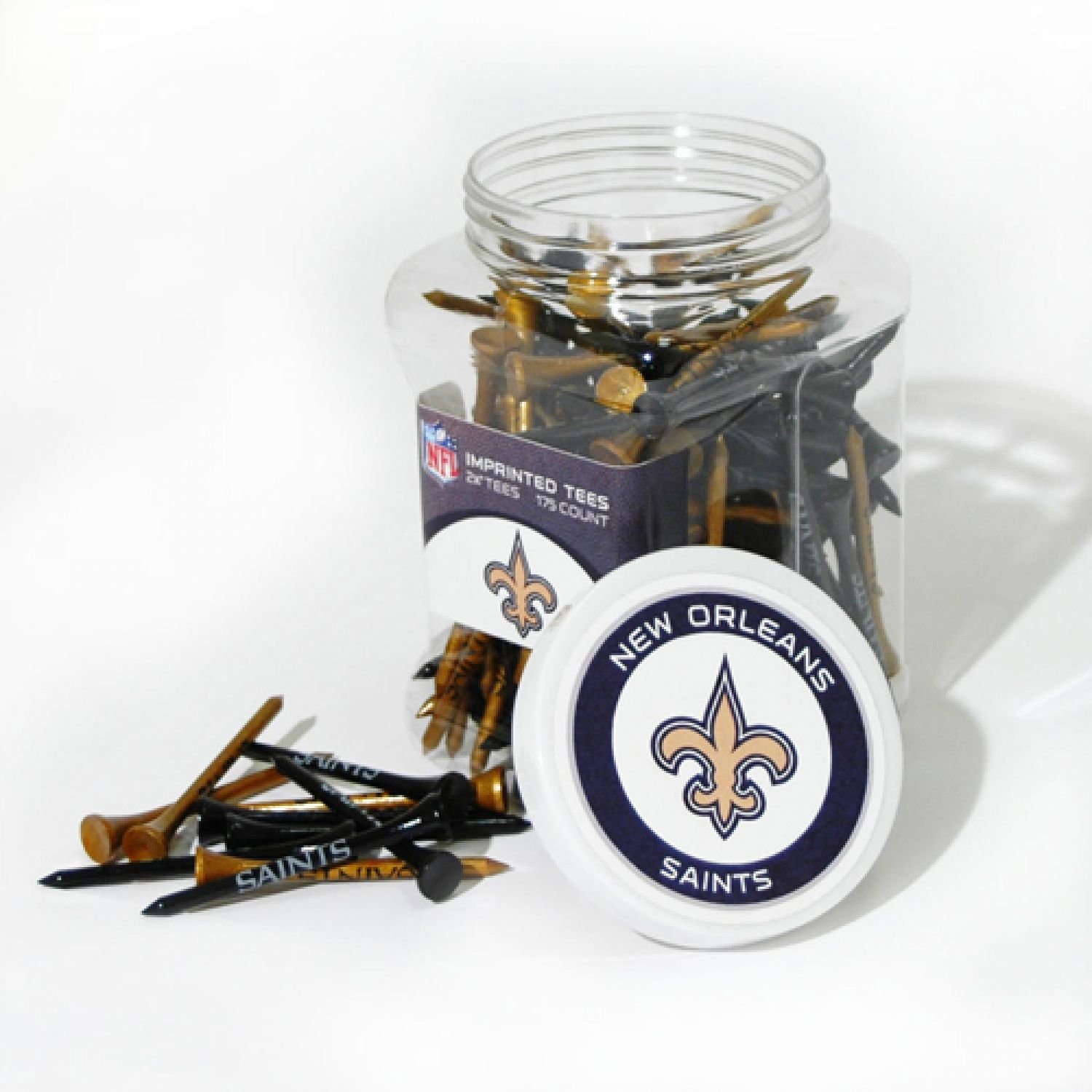 Team Golf NFL New Orleans Saints Jar Of 175 Golf Tees 2-3/4" Golf Tees, 175 Pack, Regulation Size, Multi Team Colors — image 1