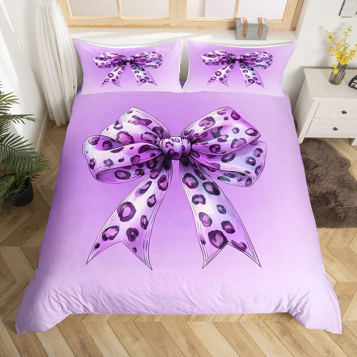 Bowknot Duvet Cover Set Toddler Size,Cheetah Leopard Print Bedding Set,Chic Modern Purple Gradient Art Quilt Cover for Kids,Comforter Cover(No Filler),2 Pcs