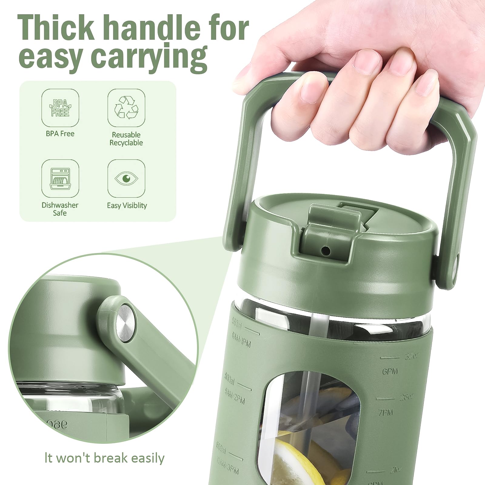 WINSA 32oz Glass Tumbler with Straw Lid, Glass Water Bottles with Silicone Sleeve, Glass Cups with Time Marker, Iced Coffee Cup Fits in Most Car Cup Holders, Leakproof-Olive