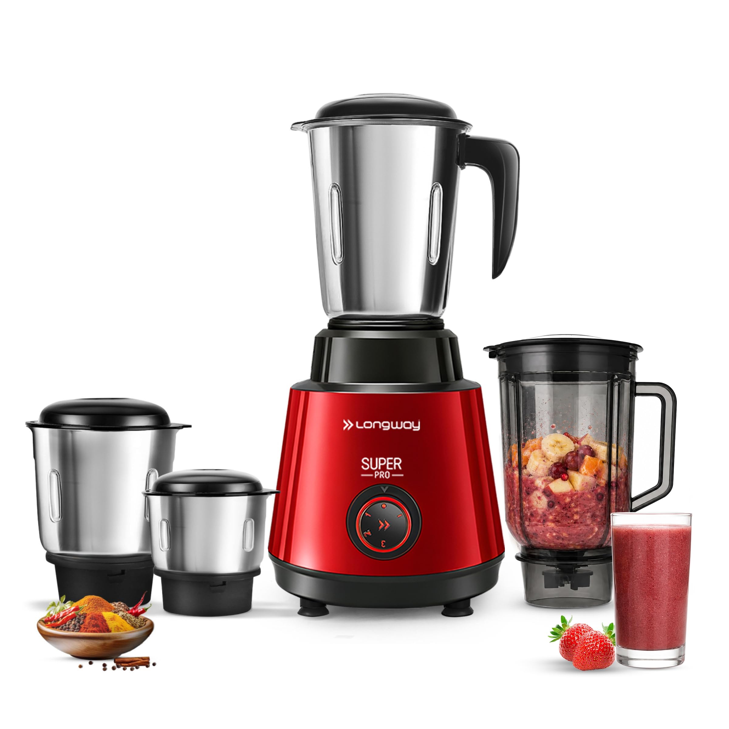 Longway Super Pro Juicer Mixer Grinder | Up to 750W Max Output Powerful Motor | 4 Jars for Grinding, Mixing, Juicing | 2 Years Warranty (Red & Wine)