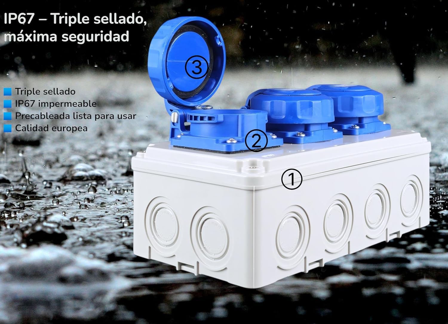 RoadEu Caja de Distribución IP67 con 3 Tomas 230V 16A, Cuadro Eléctrico Exterior Impermeable Precableado para Jardín, Taller y Obra