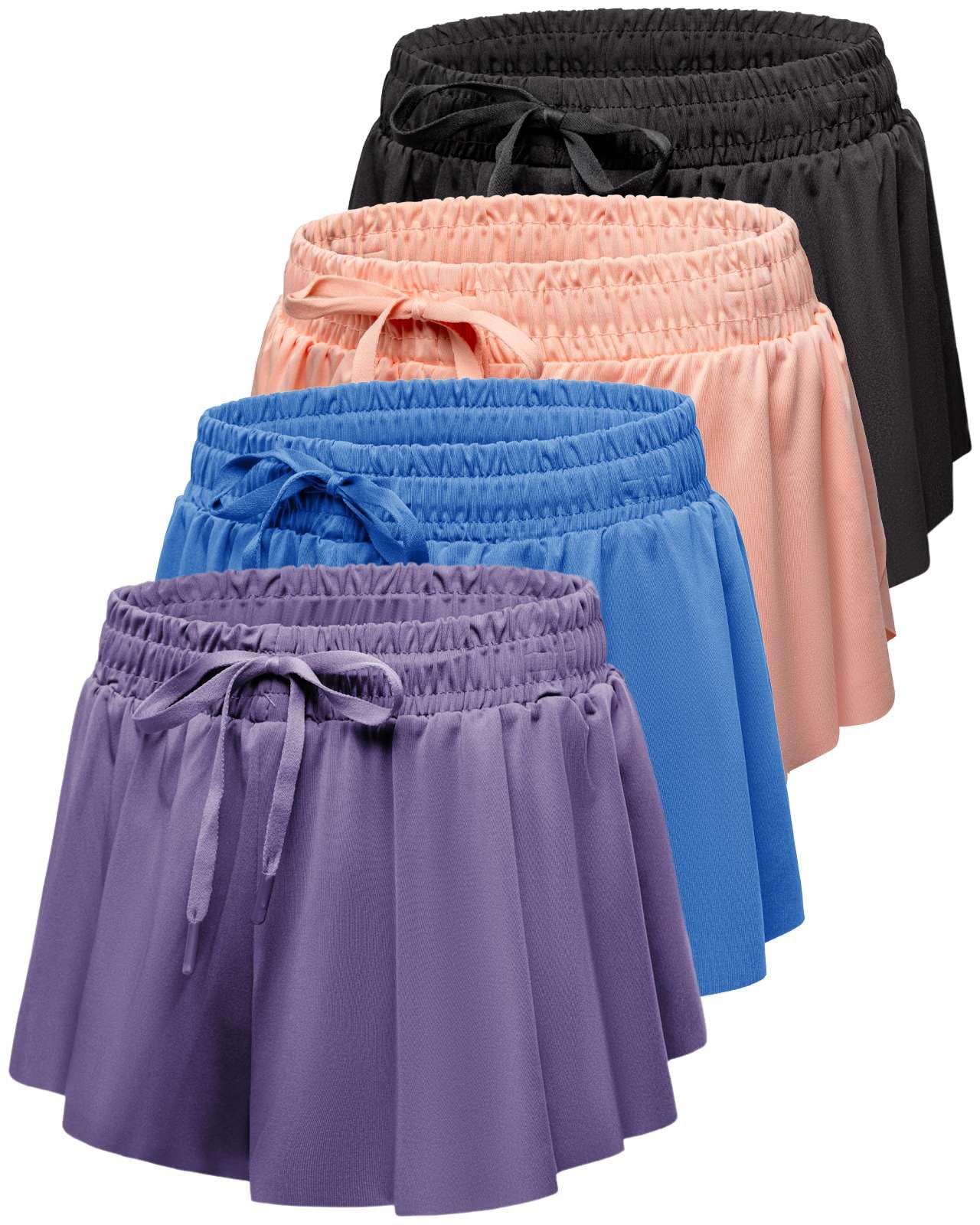 Real Essentials 4 Pack: Girls' 2-in-1 Dry Fit Athletic Flowy Shorts - Butterfly Dance Skirts for Youth & Teens, 8-10