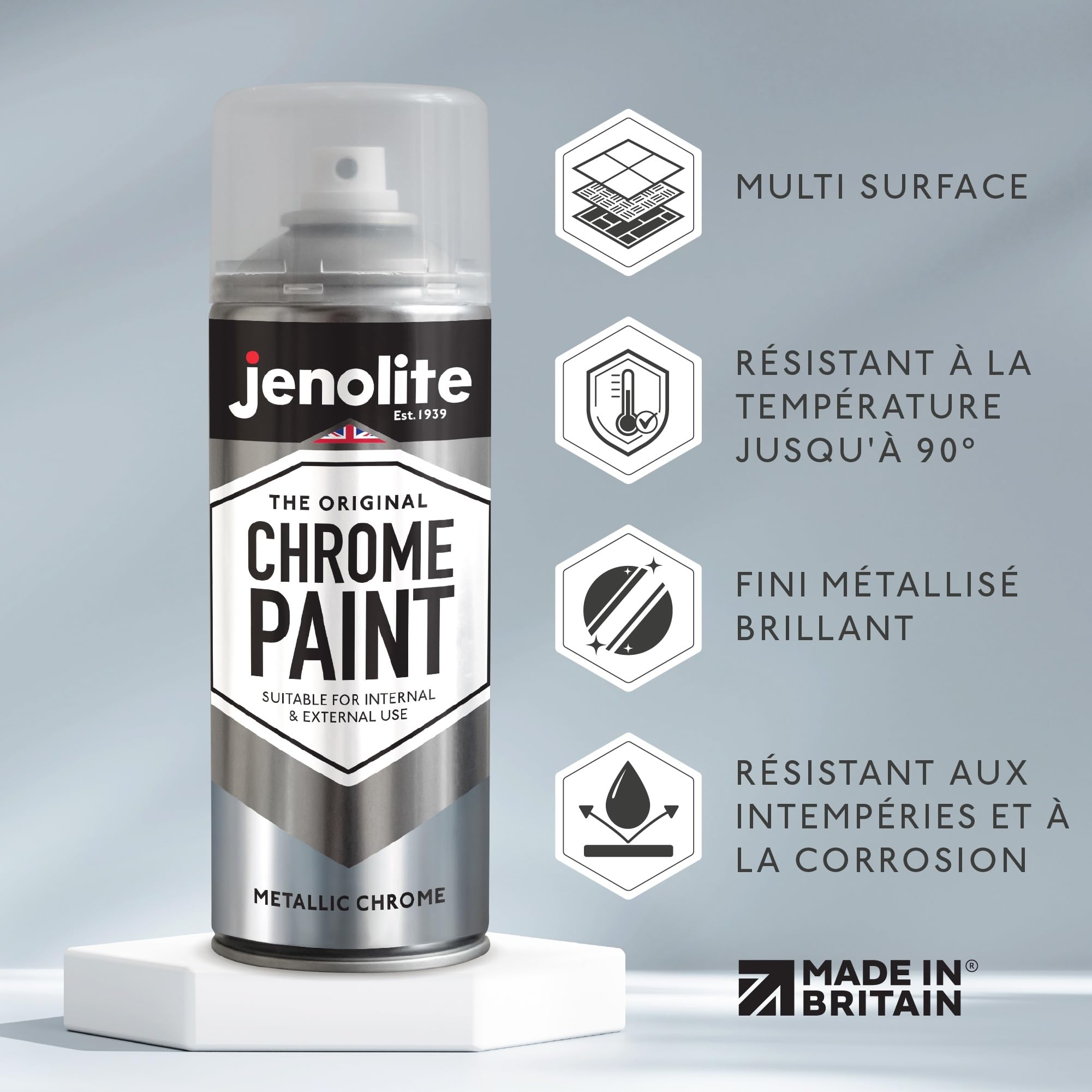 JENOLITE Lot de 3 bombes de peinture chromée | Peinture aérosol lisse argenté métallisé | Peinture chromée multi-surfaces pour métal, bois, plastique, céramique | Pour intérieur et extérieur | 3 x 400